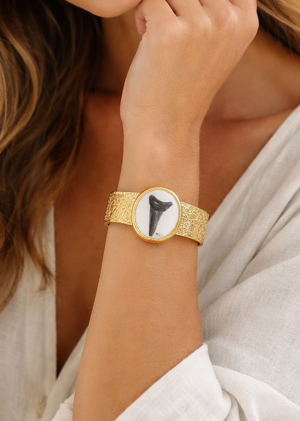 Shark Tooth Painted on a Porcelain Pendant Gold Plated Cuff Bracelet