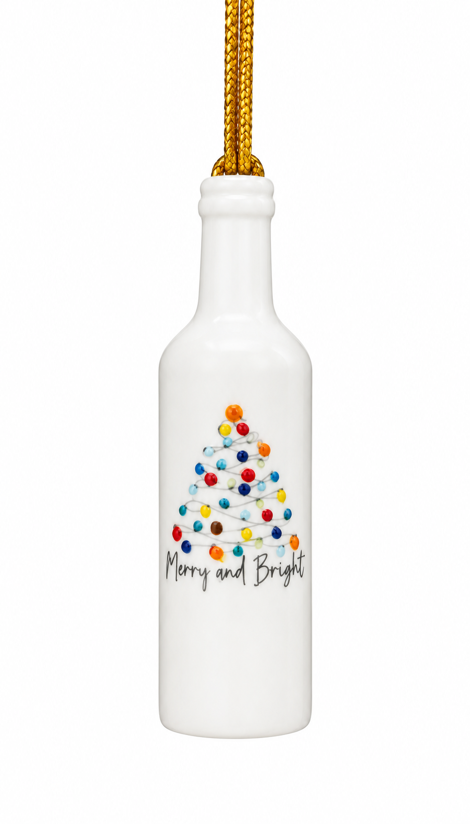 White Porcelain 3.25" Wine Bottle Ornament with a hand-painted Christmas Tree