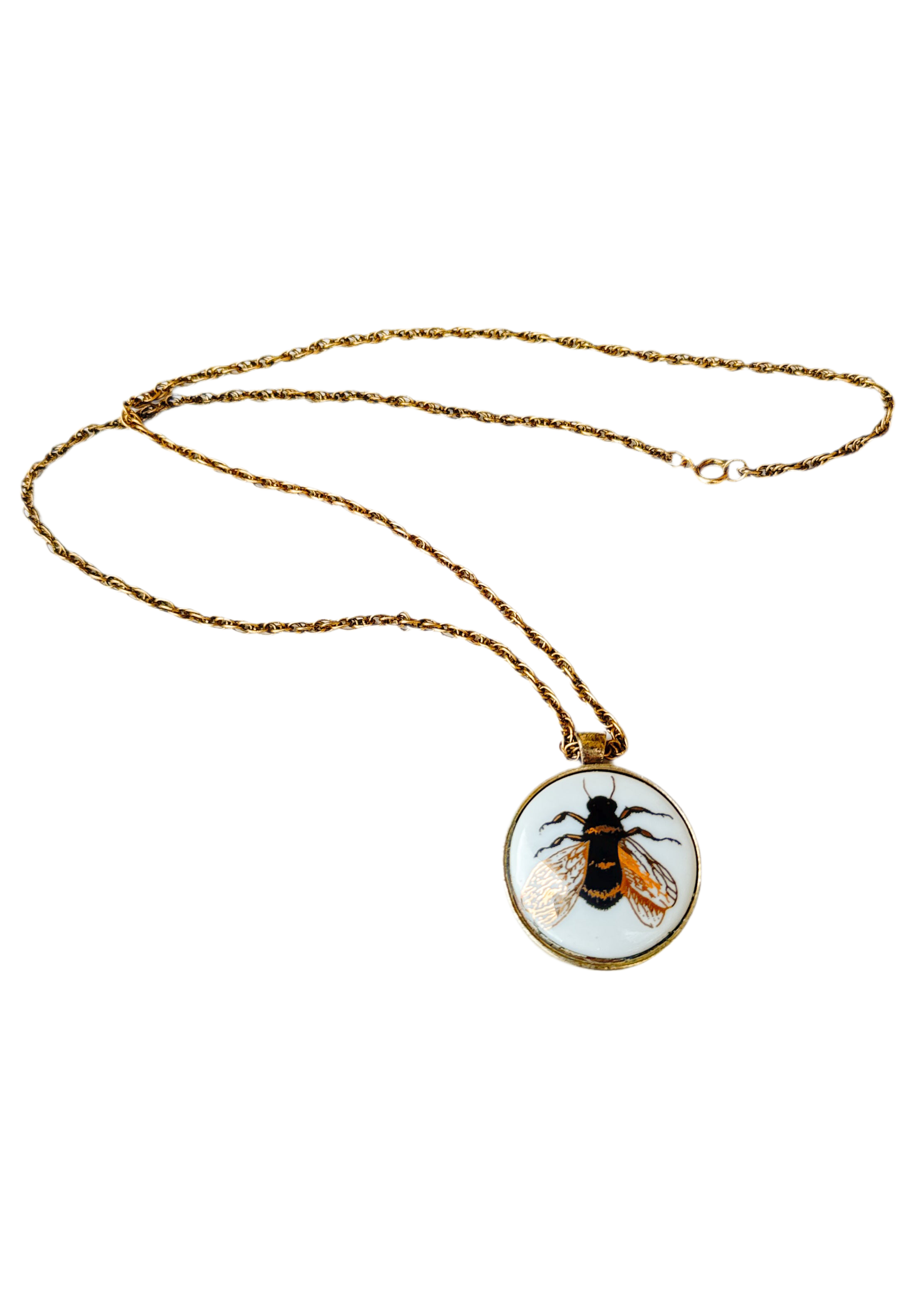 Bee Porcelain Pendant Gold Bezel Gold Chain Necklace