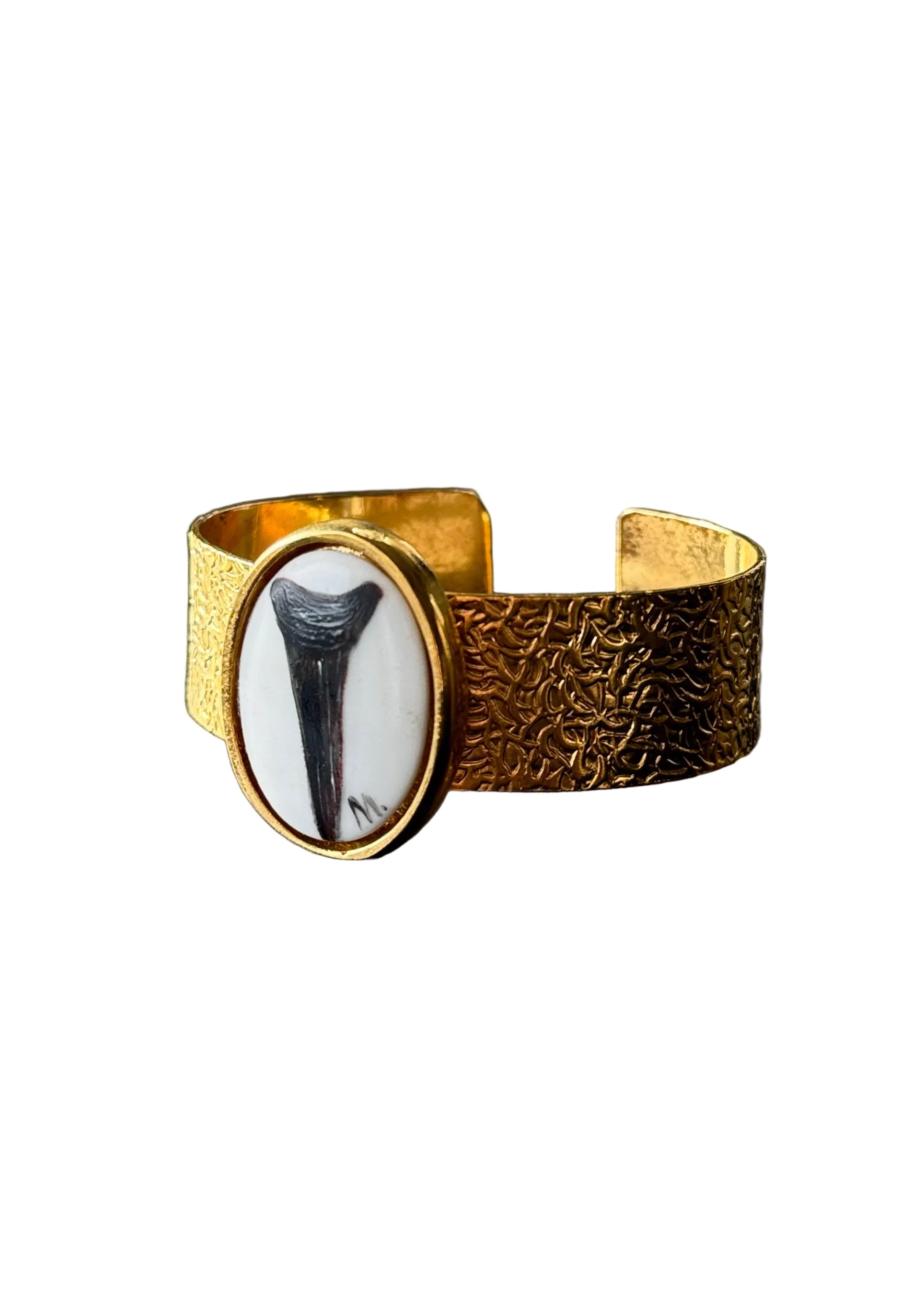 Shark Tooth Painted on a Porcelain Pendant Gold Plated Cuff Bracelet