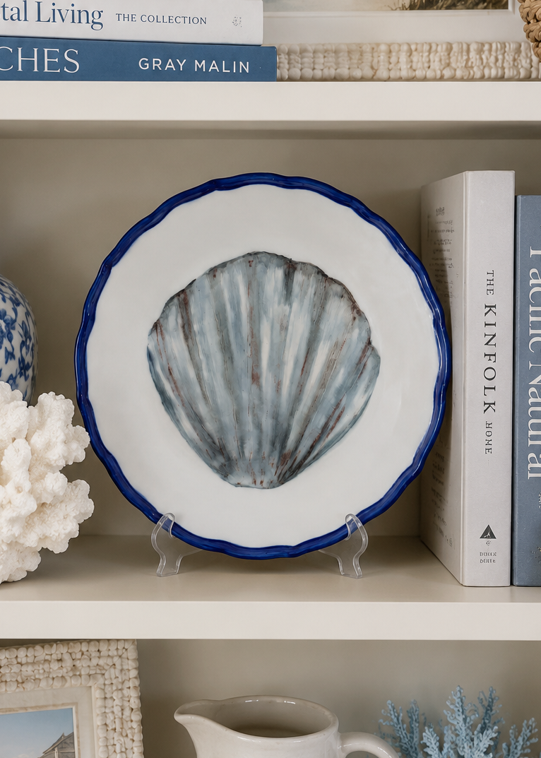 Hand-Painted Coastal Seashell Plate Styled in an Elegant Coastal Bookcase
