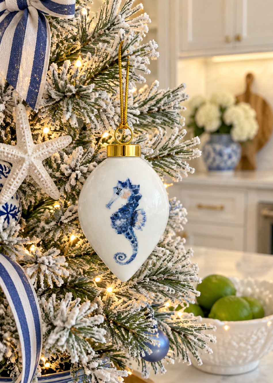 Hand-Painted Blue Seahorse Porcelain Christmas Ornament