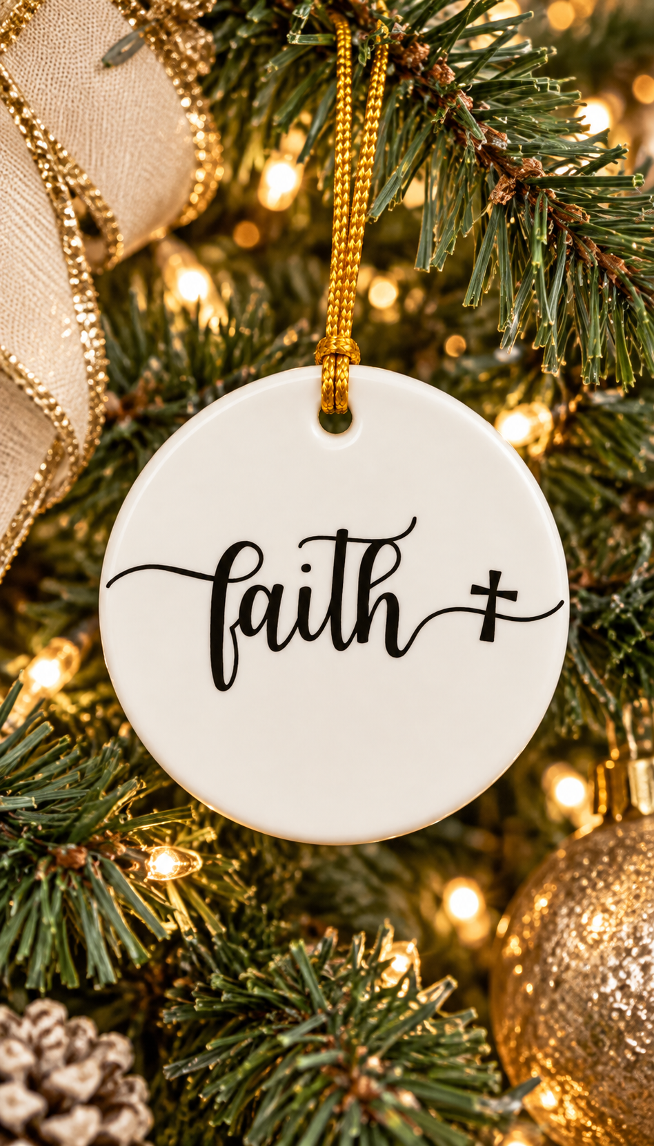 White porcelain round ornament with the wording faith