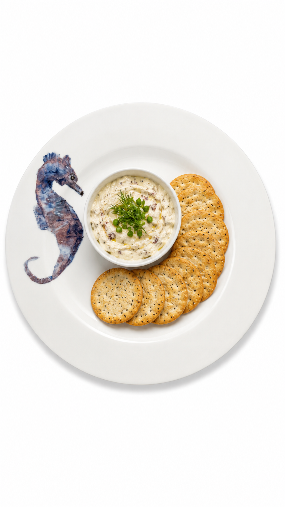Hand-Painted Seahorse Appetizer Plate with Crackers & Dip – Coastal Porcelain