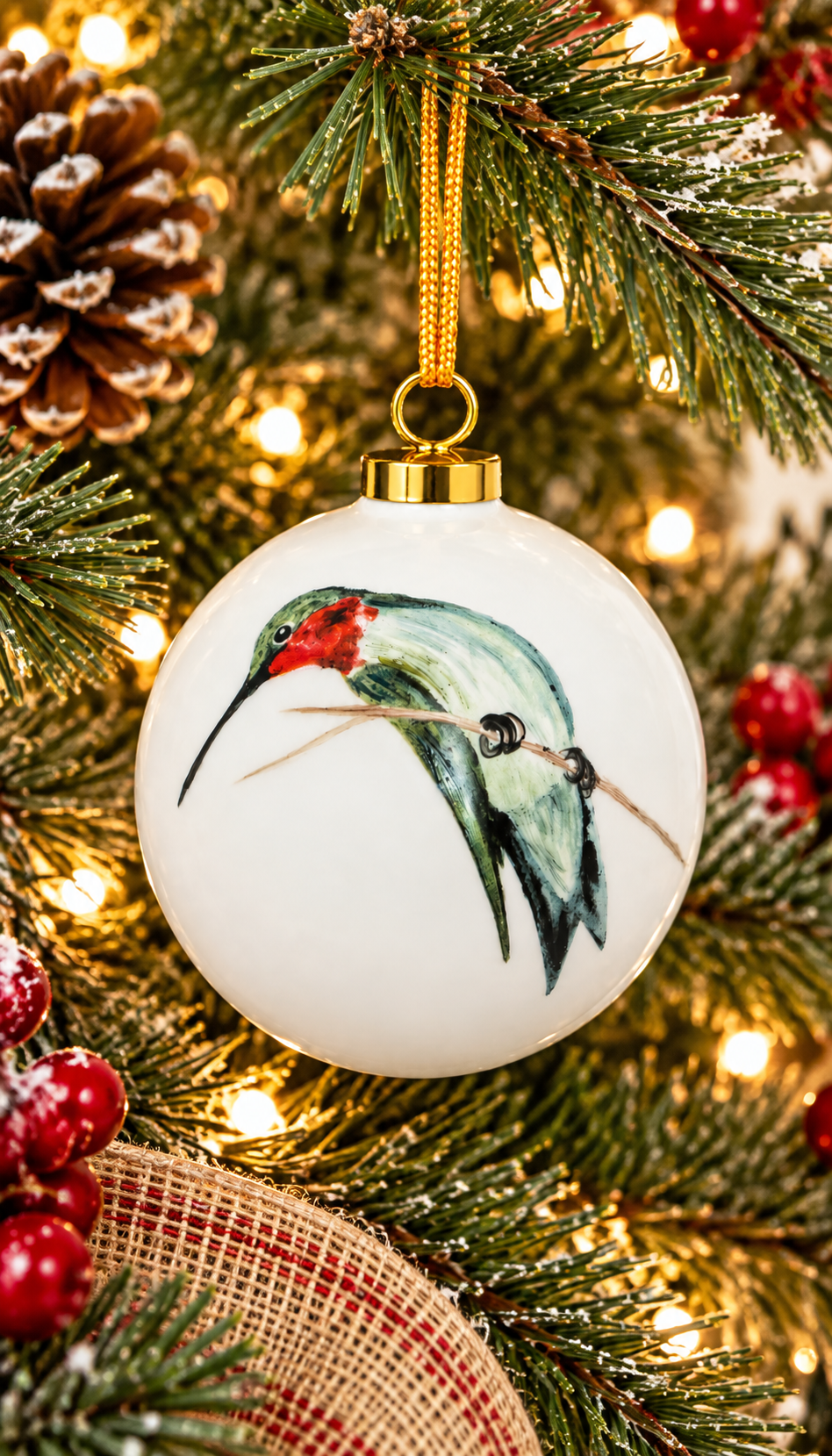 Ruby-Throated Hummingbird Porcelain Christmas Ornament