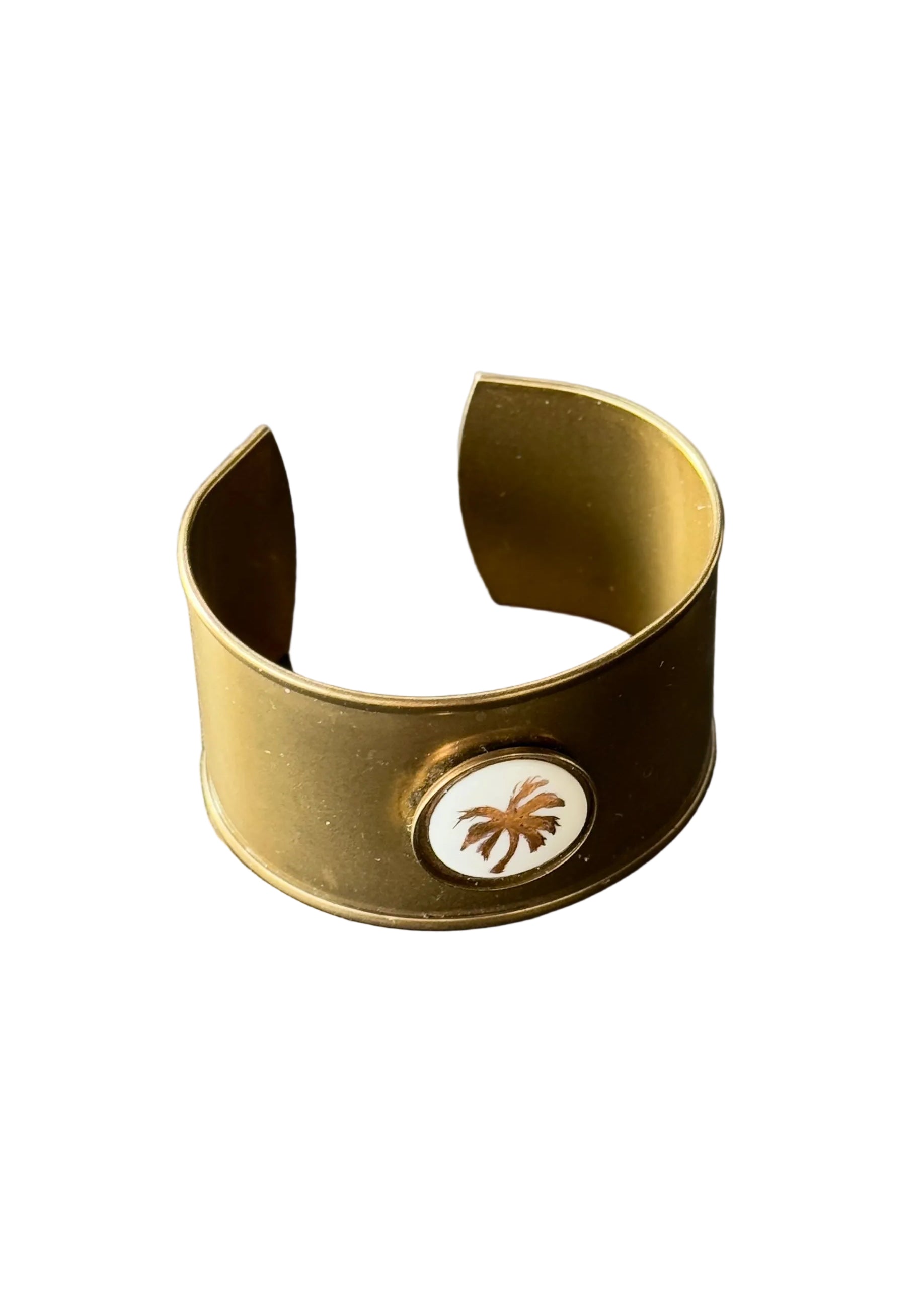 Palm Tree Porcelain Pendant Brass Cuff Bracelet