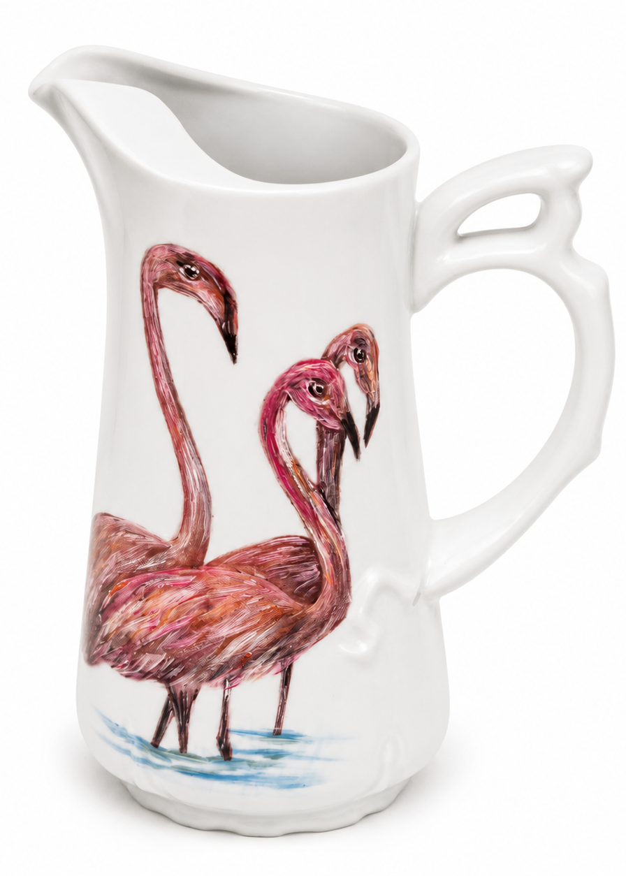 Hand-Painted Flamingo Porcelain Pitcher – Coastal Entertaining & Tea Party Serving Piece