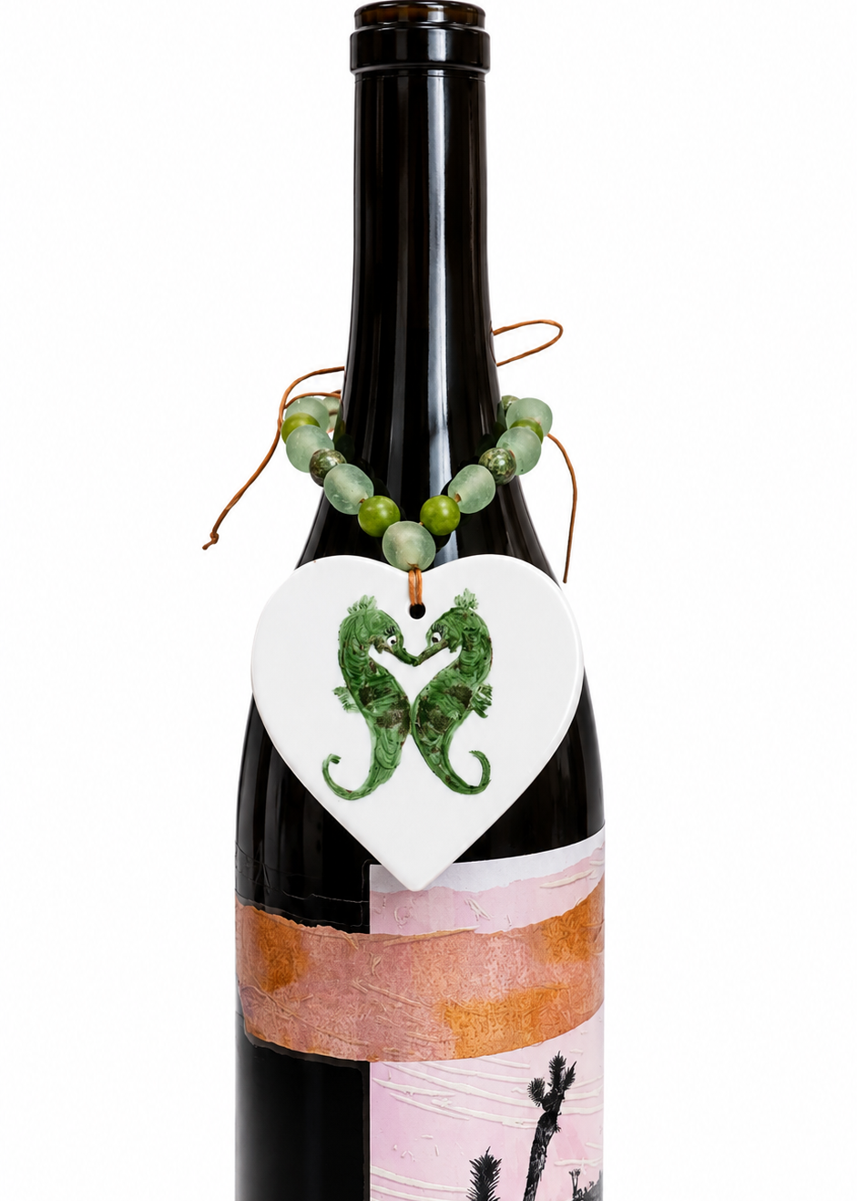 Hand-Painted Green Seahorse Heart Porcelain Bottle Tag