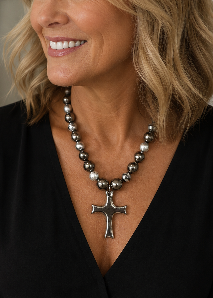Handcrafted Silver Cross Statement Beaded Necklace | Artisan Christian Jewelry