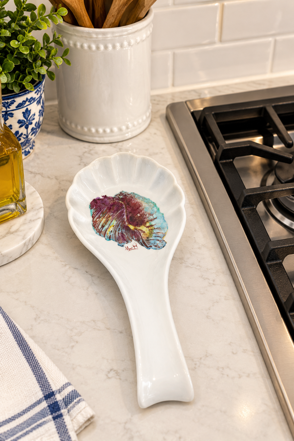 Hand-Painted Coastal Seashell Porcelain Spoon Rest