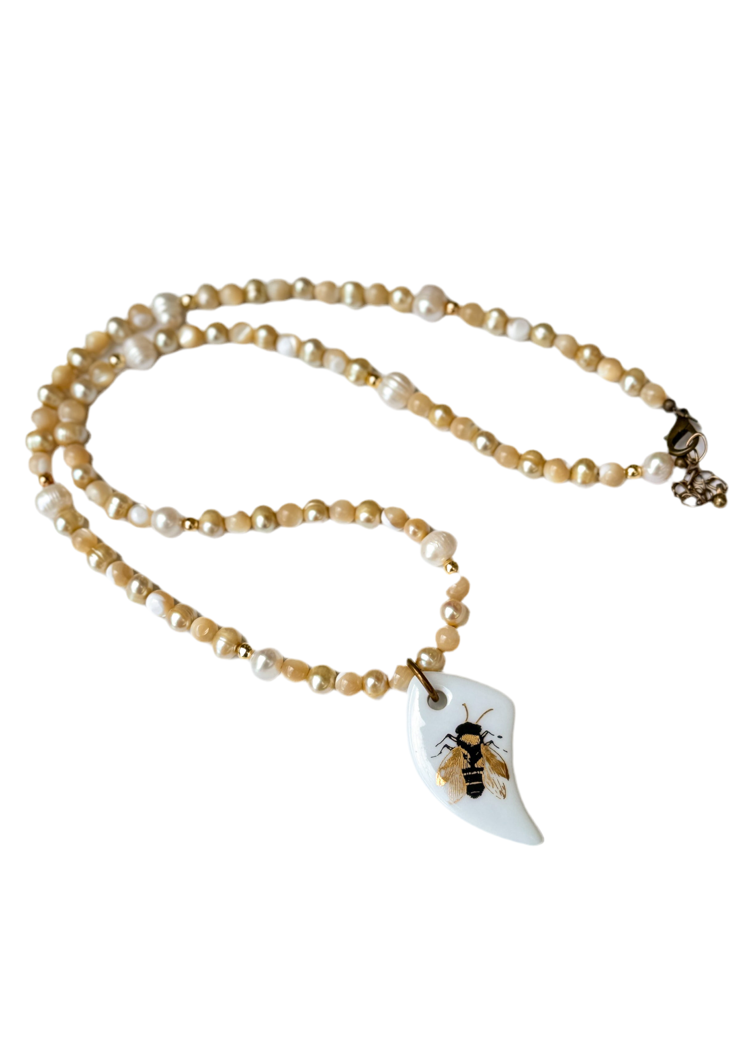 Bee Porcelain Pendant Pearl Beaded Necklace