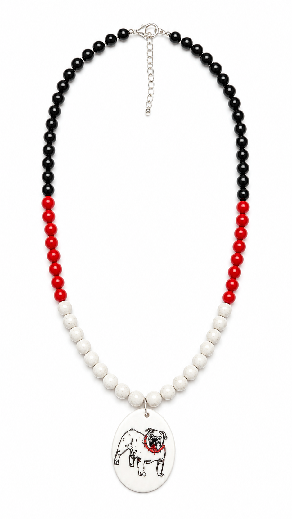 Hand-Painted Bulldog Porcelain Pendant Necklace – Red, Black & White Statement Beaded Necklace