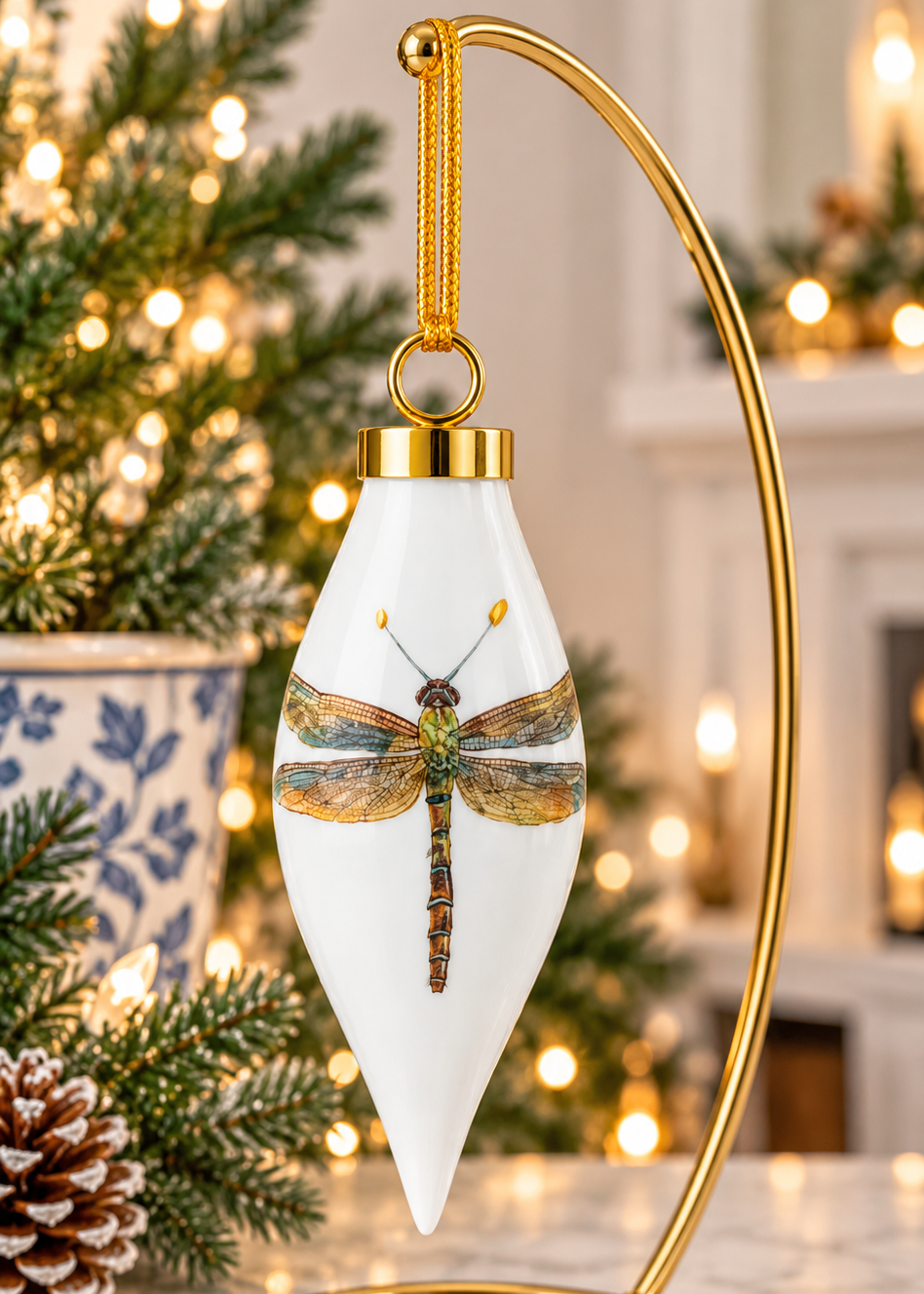 Hand-Painted Dragonfly Porcelain Christmas Ornament