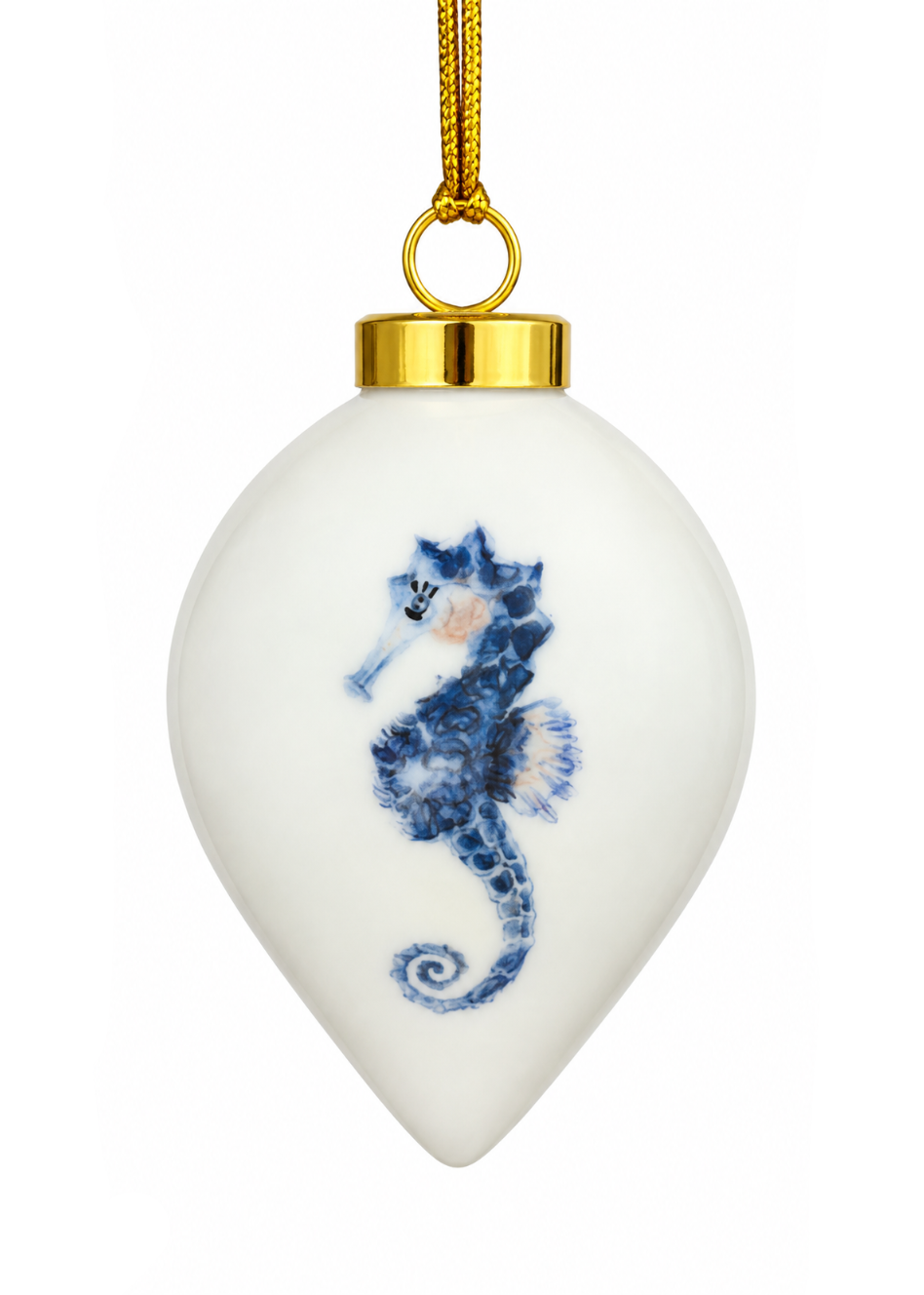 Hand-Painted Blue Seahorse Porcelain Christmas Ornament