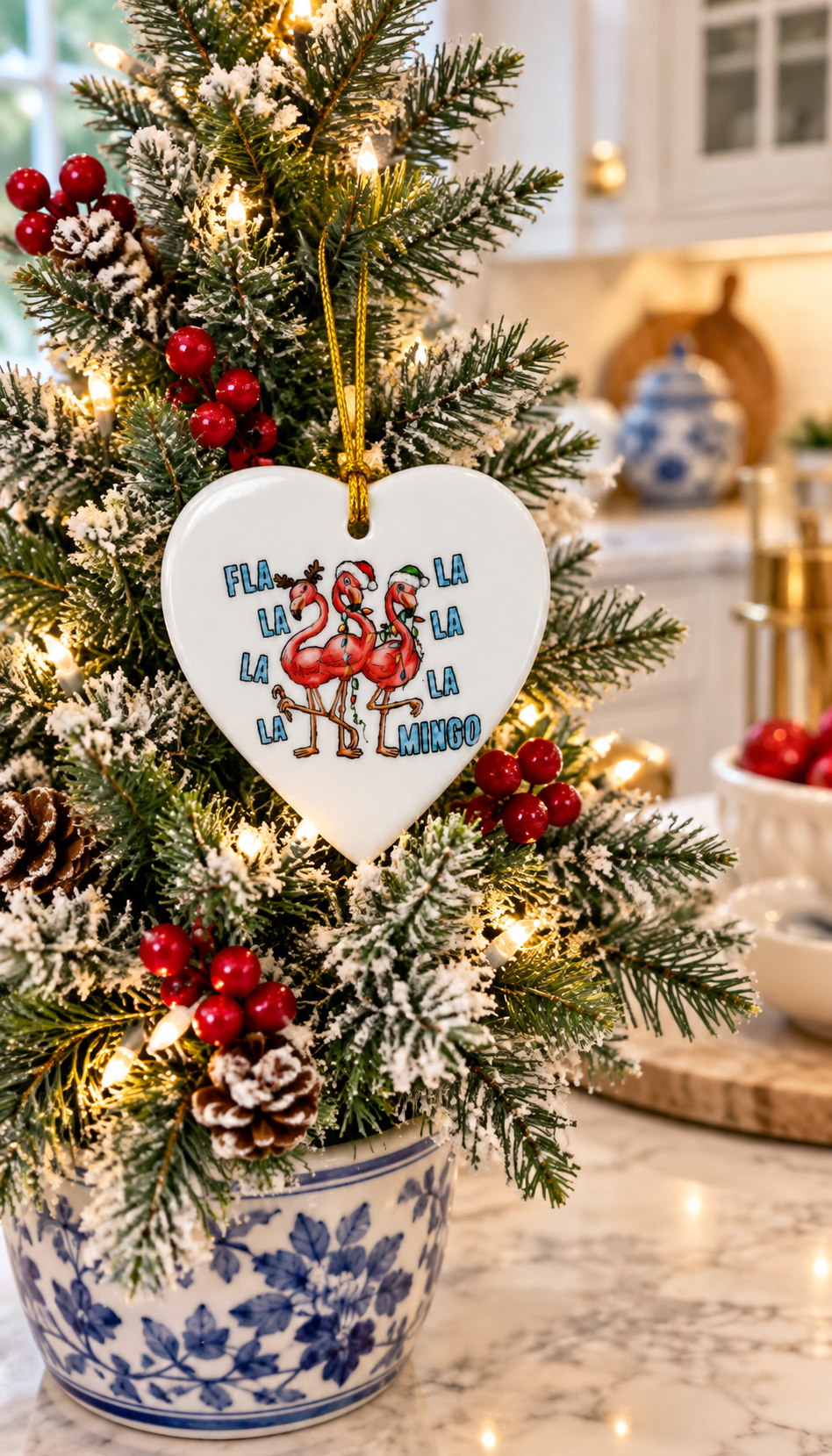 Fa La La Mingo Flamingo Heart Christmas Ornament-Hand-Painted