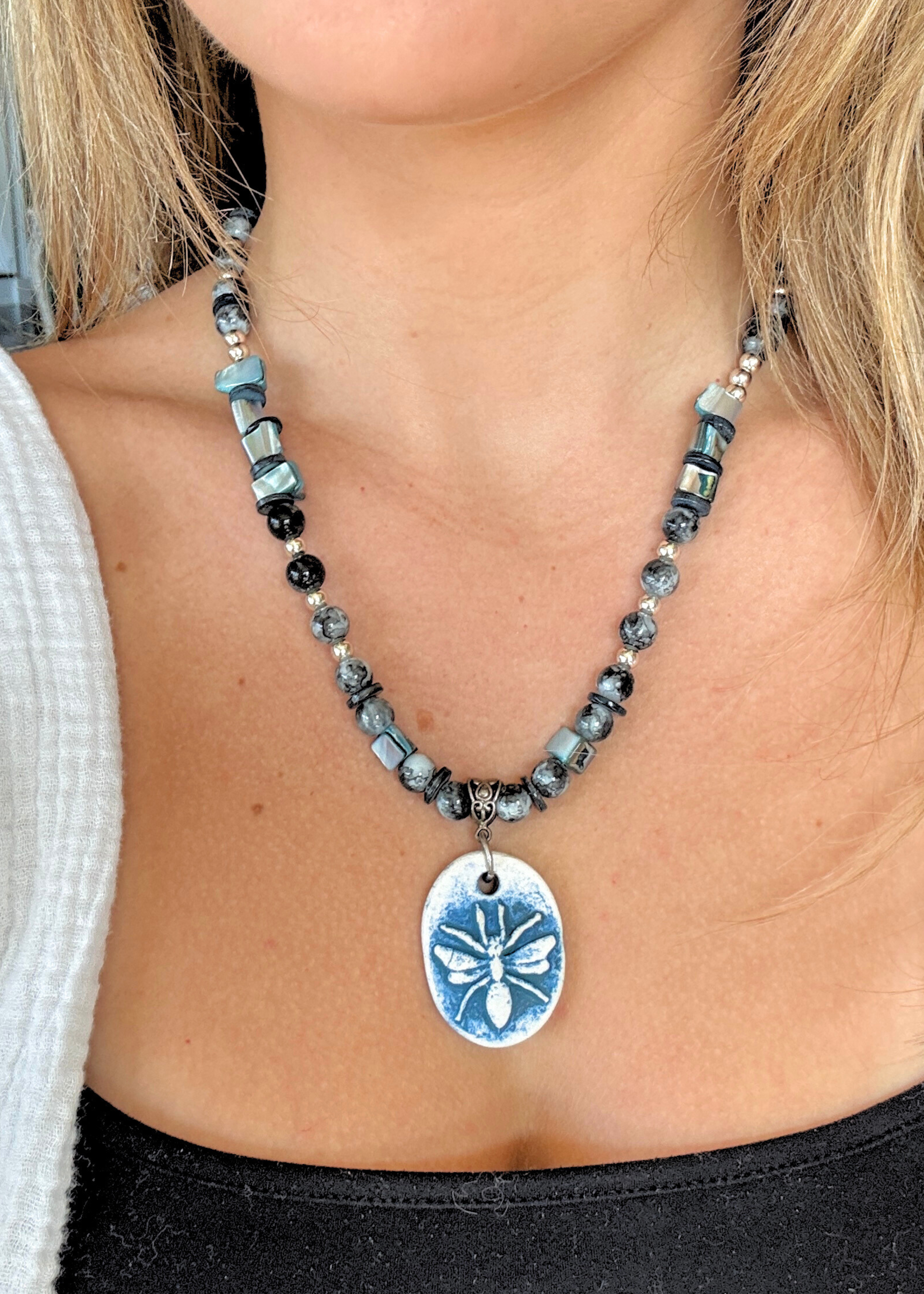 Dragonfly Porcelain Pendant Beaded Necklace