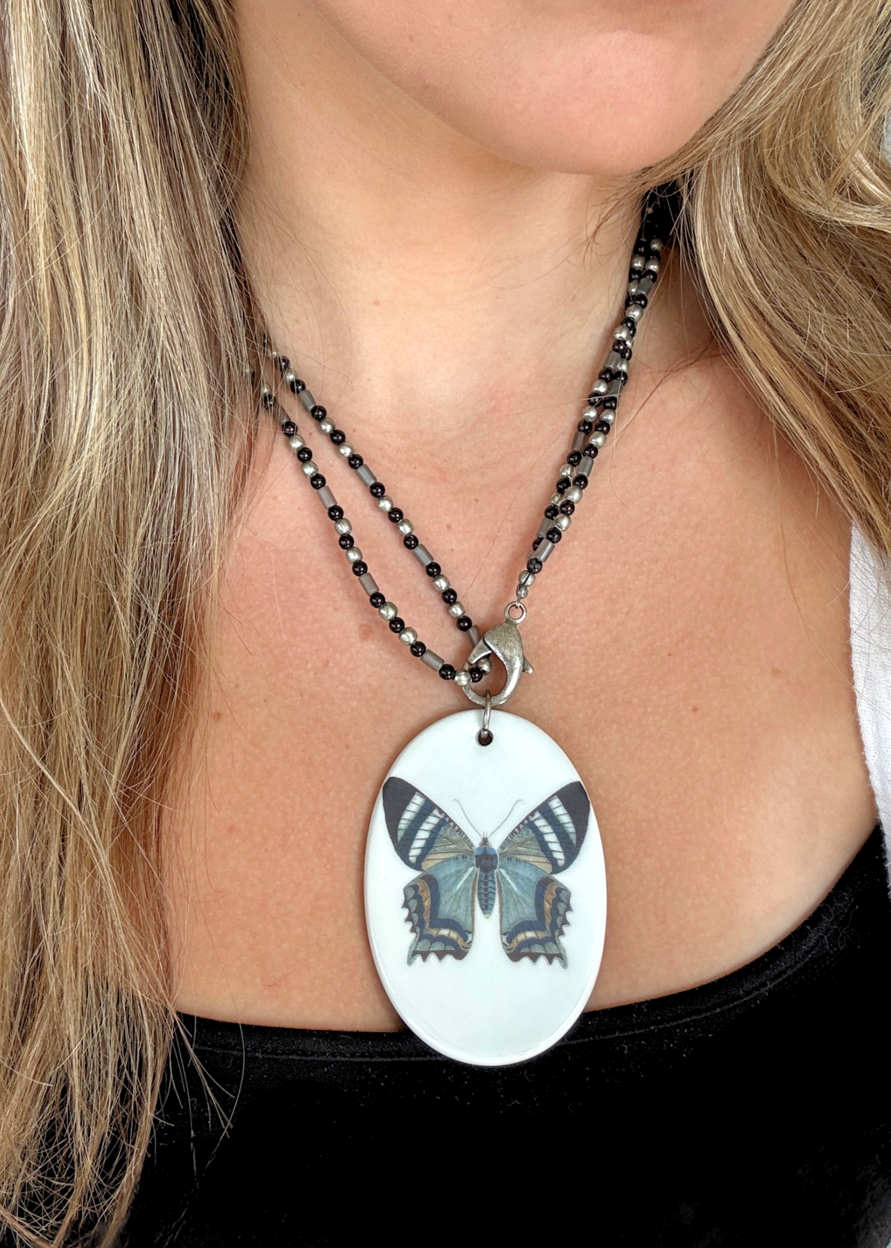 Butterfly Porcelain Pendant Beaded Necklace