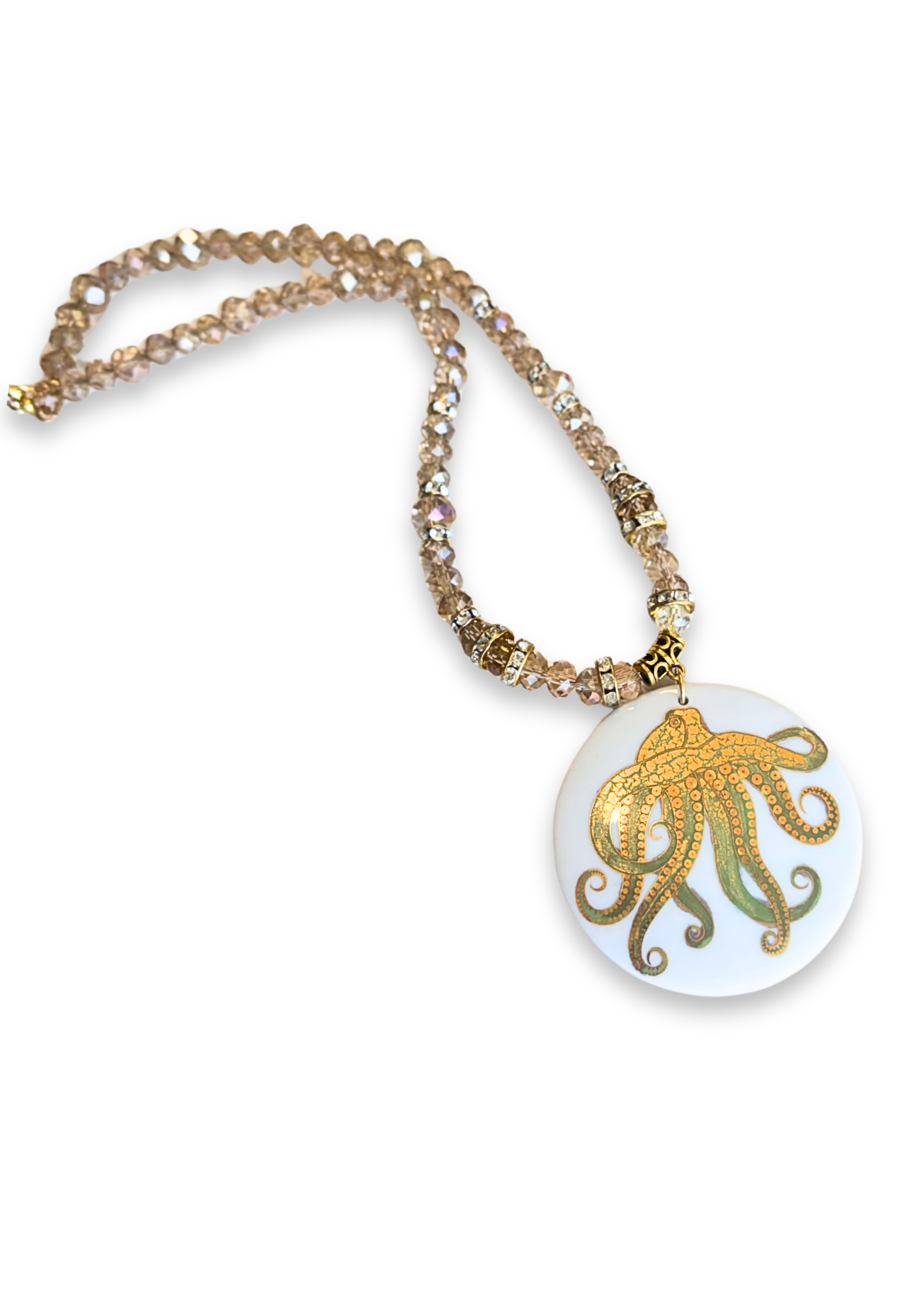 Coastal Gold Octopus Sea Life Porcelain Pendent Necklace