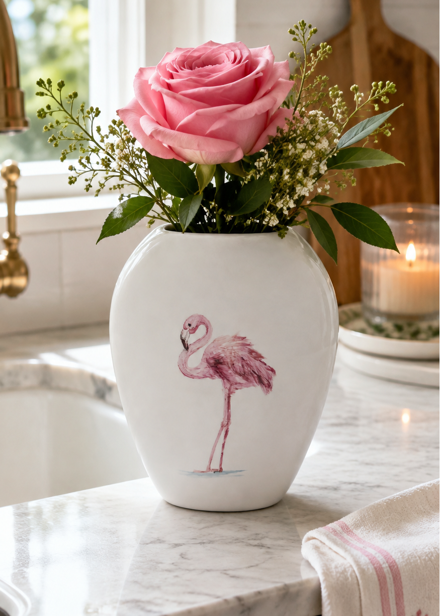 Hand-Painted Pink Flamingo Porcelain Vase