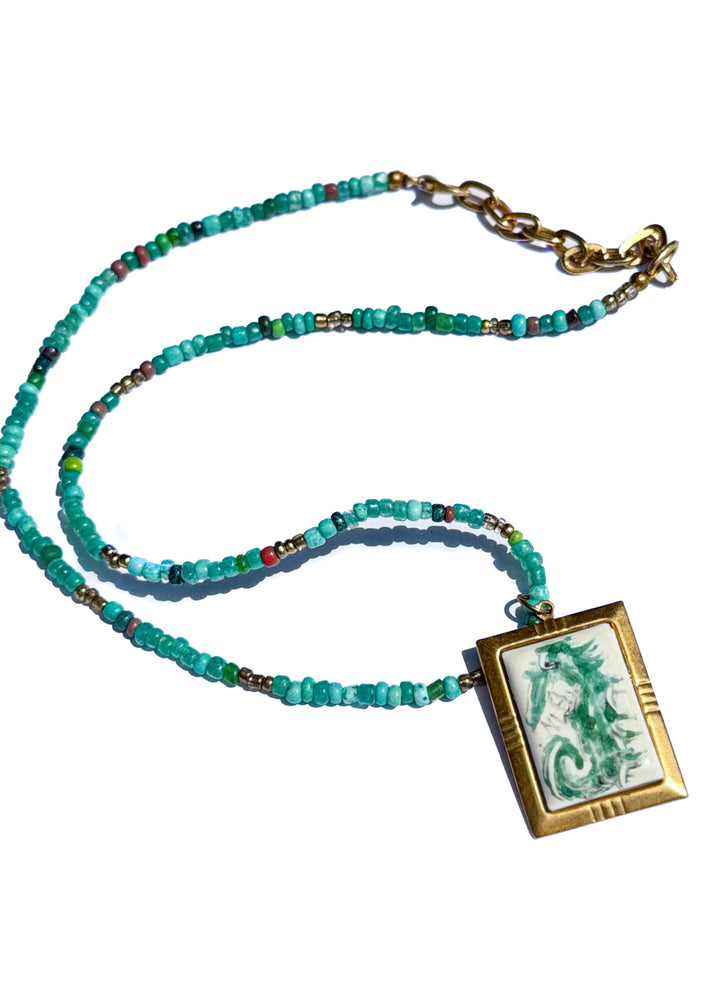 Green Seahorse Pendent Beaded Necklace Coastal Jewelry