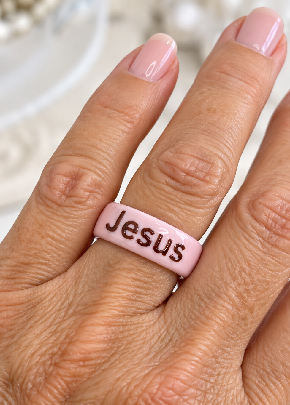 Hand-Painted Pink Porcelain Jesus Ring – Faith Jewelry