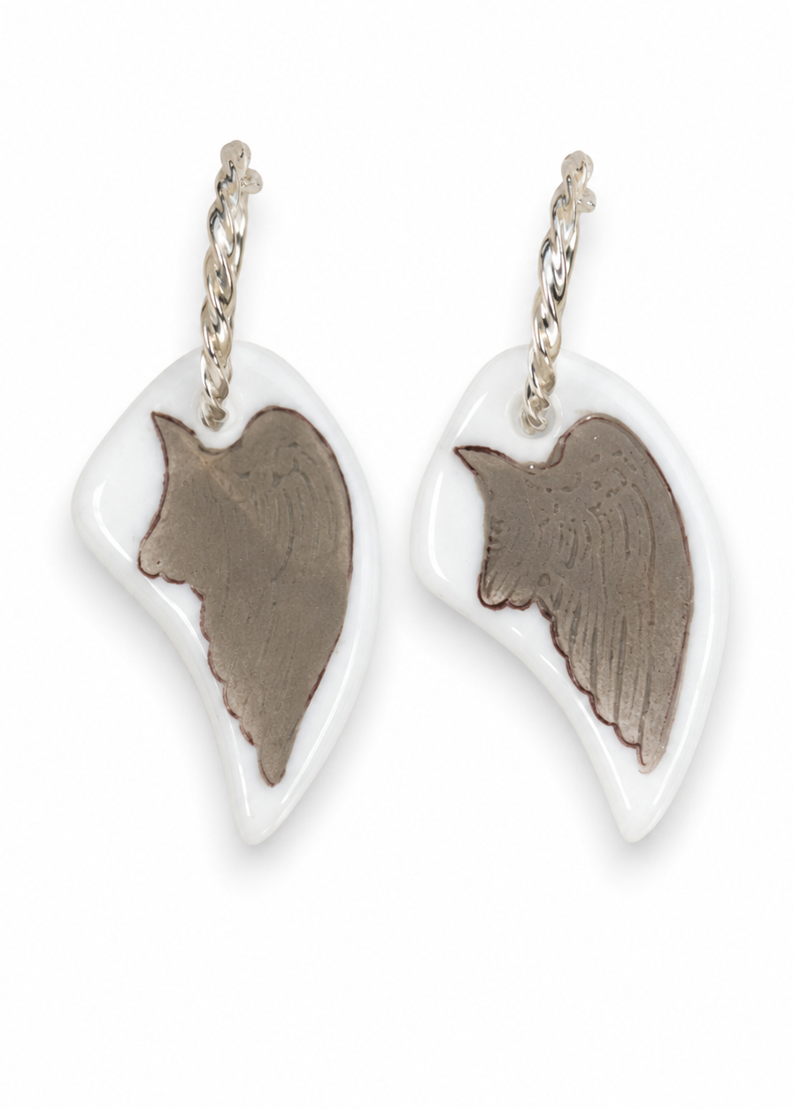 Hand Painted Angel Wing Porcelain Sterling Silver Hoop Earrings