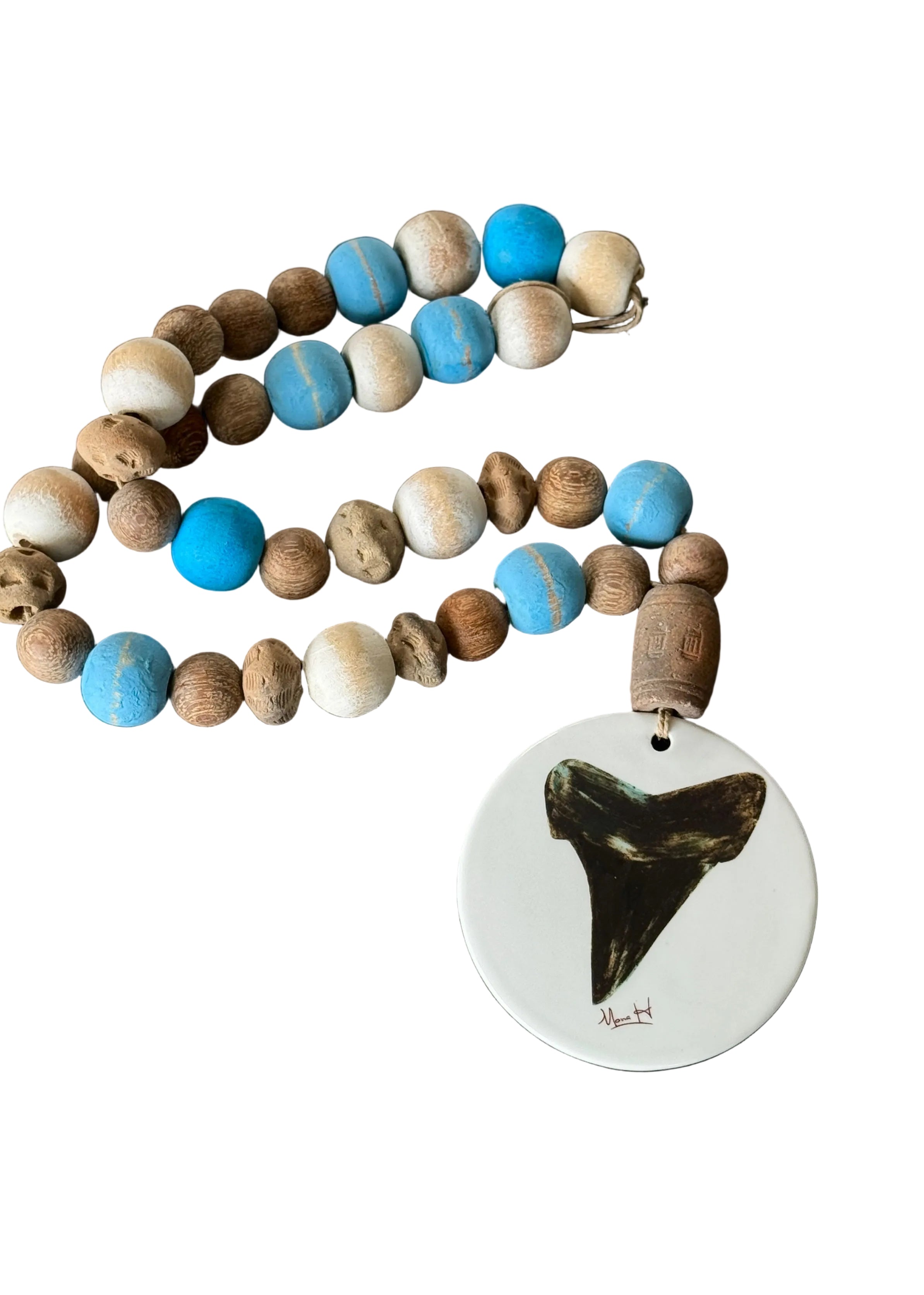 Hand Painted Shark Tooth on a Porcelain Disk Beaded Tabletop Anchor