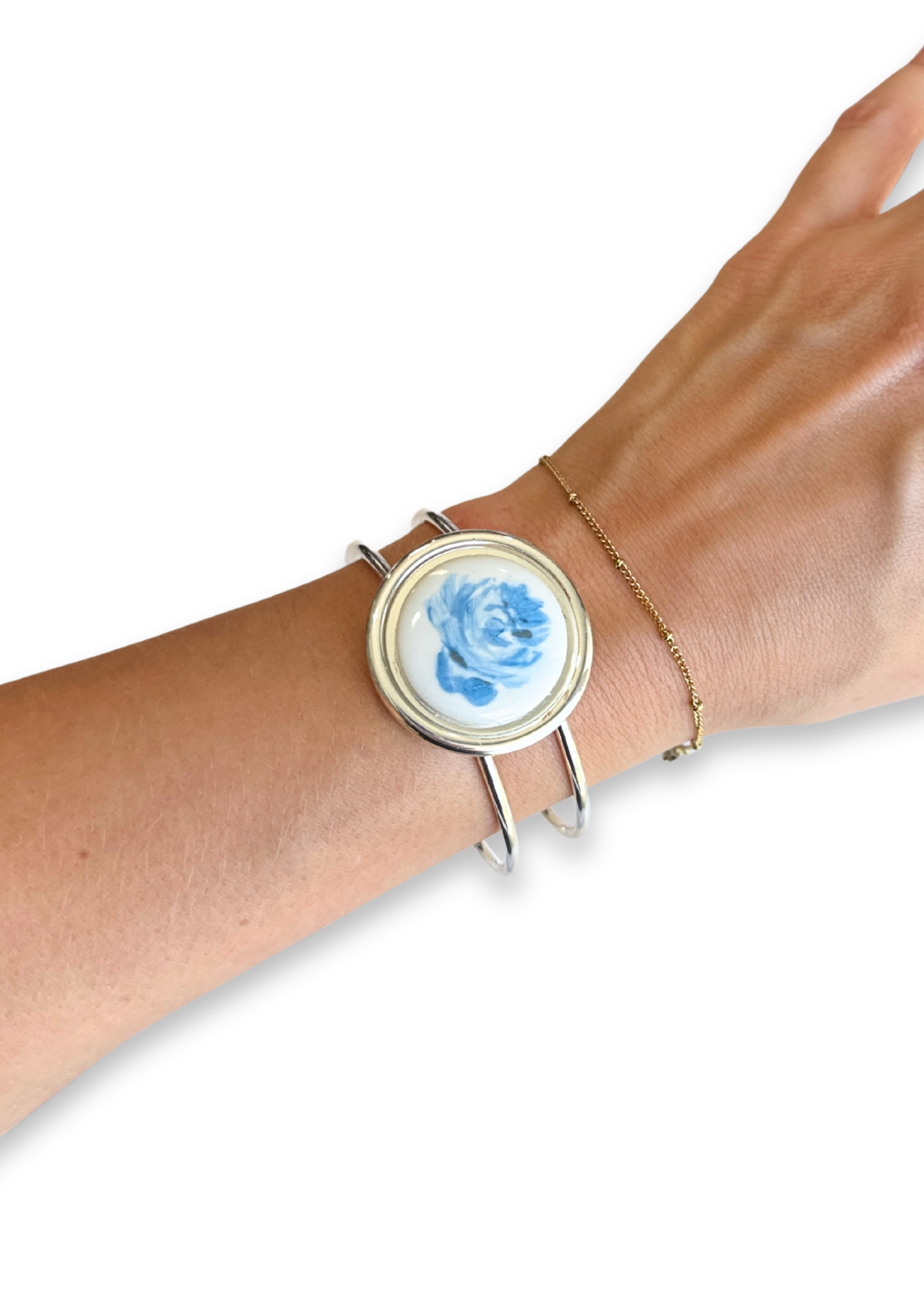 Blue Flower in Bloom Porcelain Cuff Silver Bracelet
