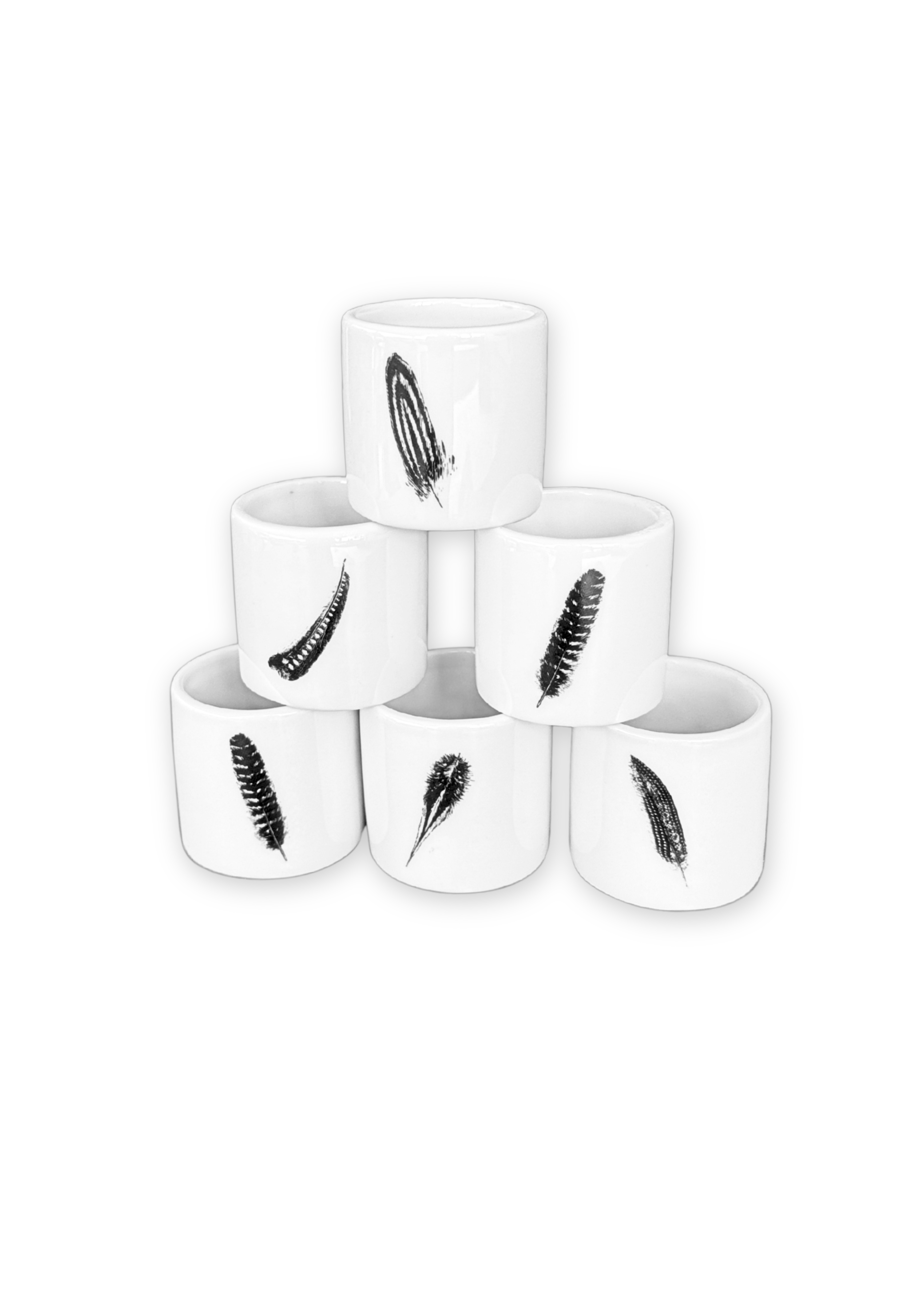 Black Feather Porcelain Napkin Rings Set of 6