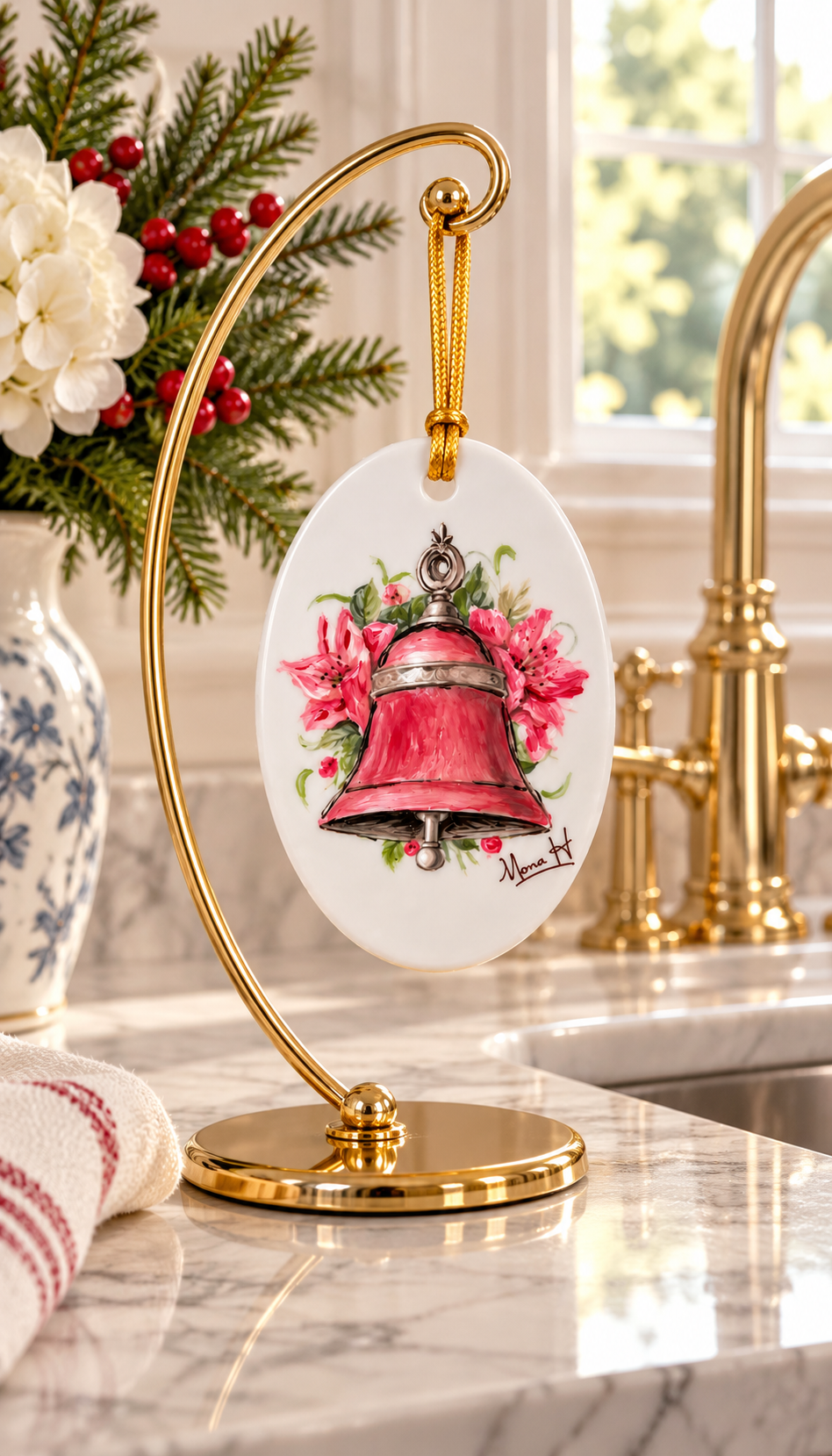 Oval White Porcelain Ornament 2.25 x 3.25 Hand Painted With A Bell