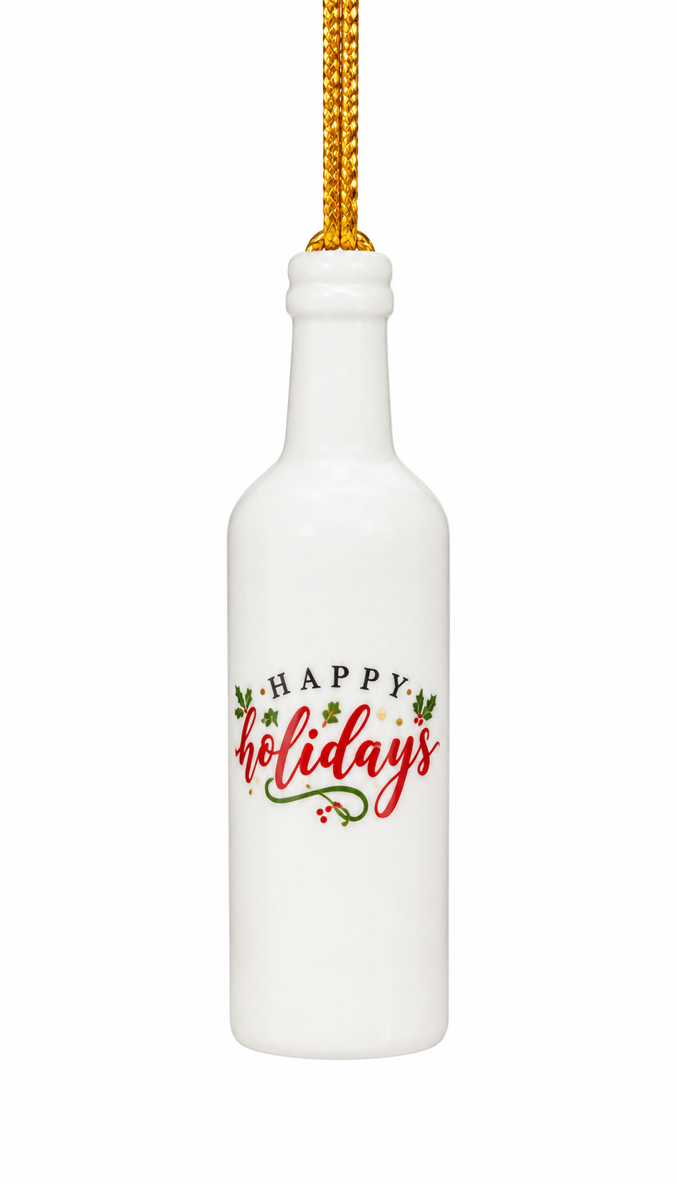 White Porcelain Wine Bottle Ornament – 3.25" Hand-Painted Happy Holidays