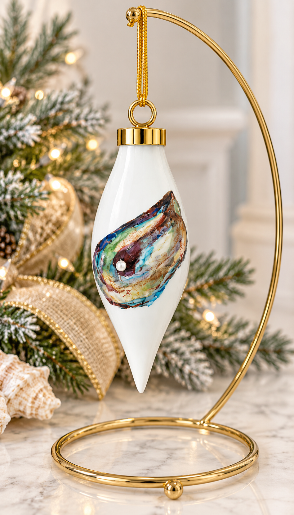 Hand-Painted Oyster Shell Porcelain Christmas Ornament