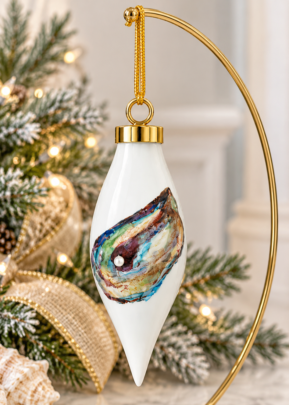 Hand-Painted Oyster Shell Porcelain Christmas Ornament