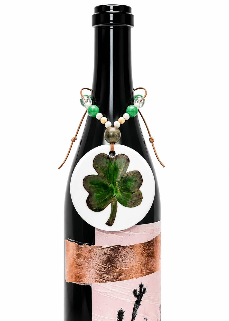 Hand-Painted Four-Leaf Clover Porcelain Wine Bottle Tag