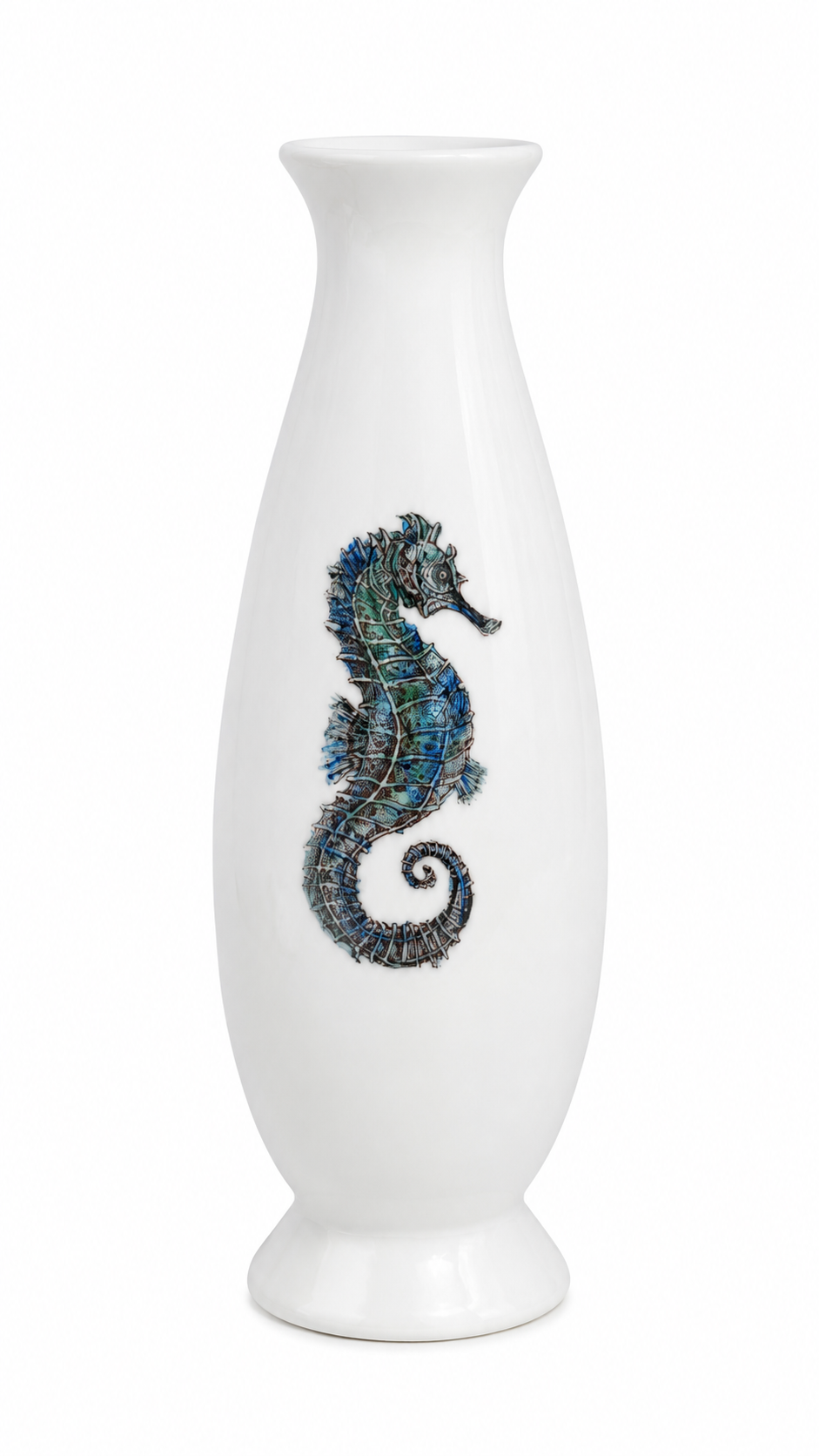 Hand-Painted Blue Seahorse Porcelain Bud Vase