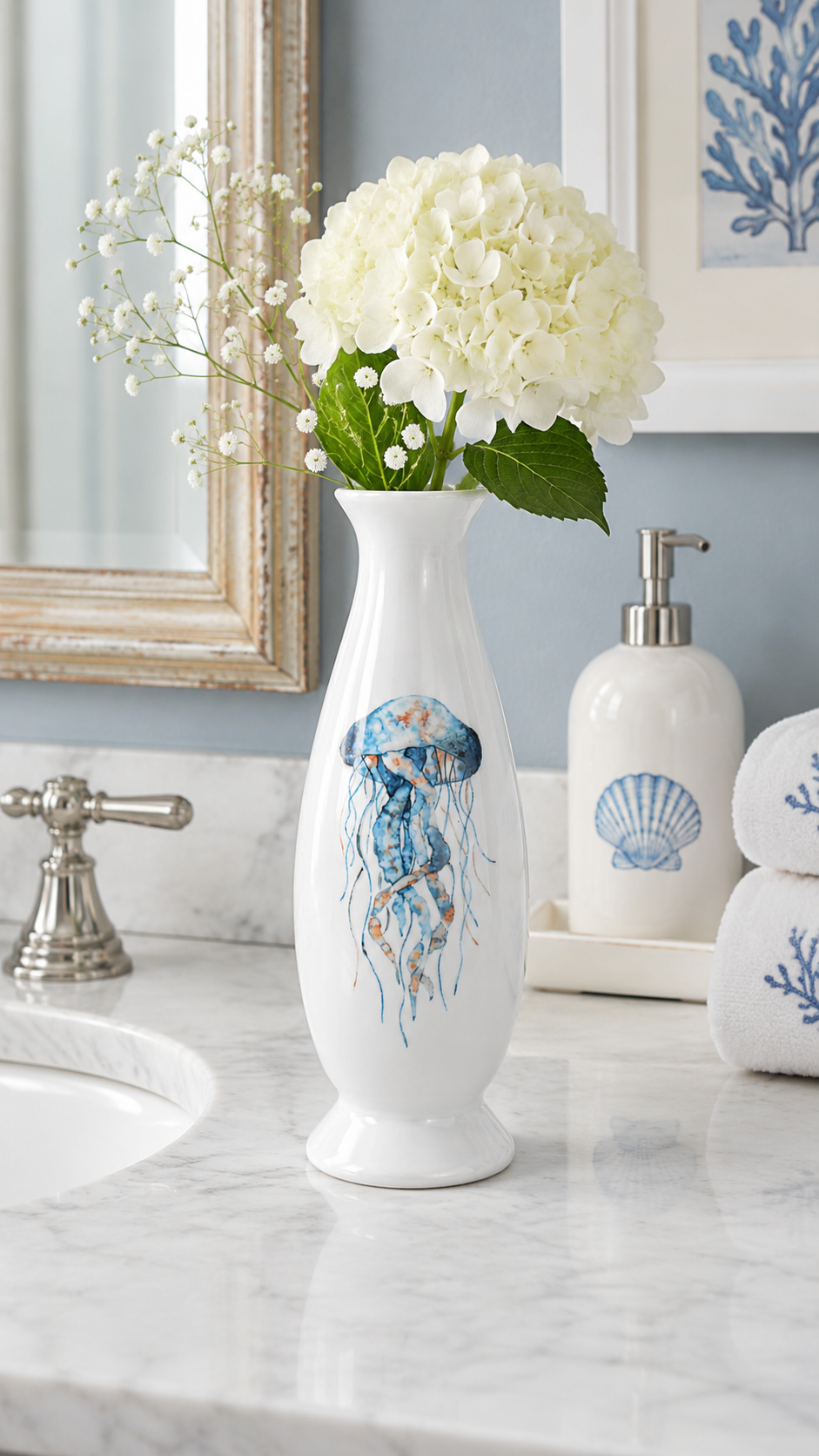 Hand-Painted Coastal Jellyfish Porcelain Vase