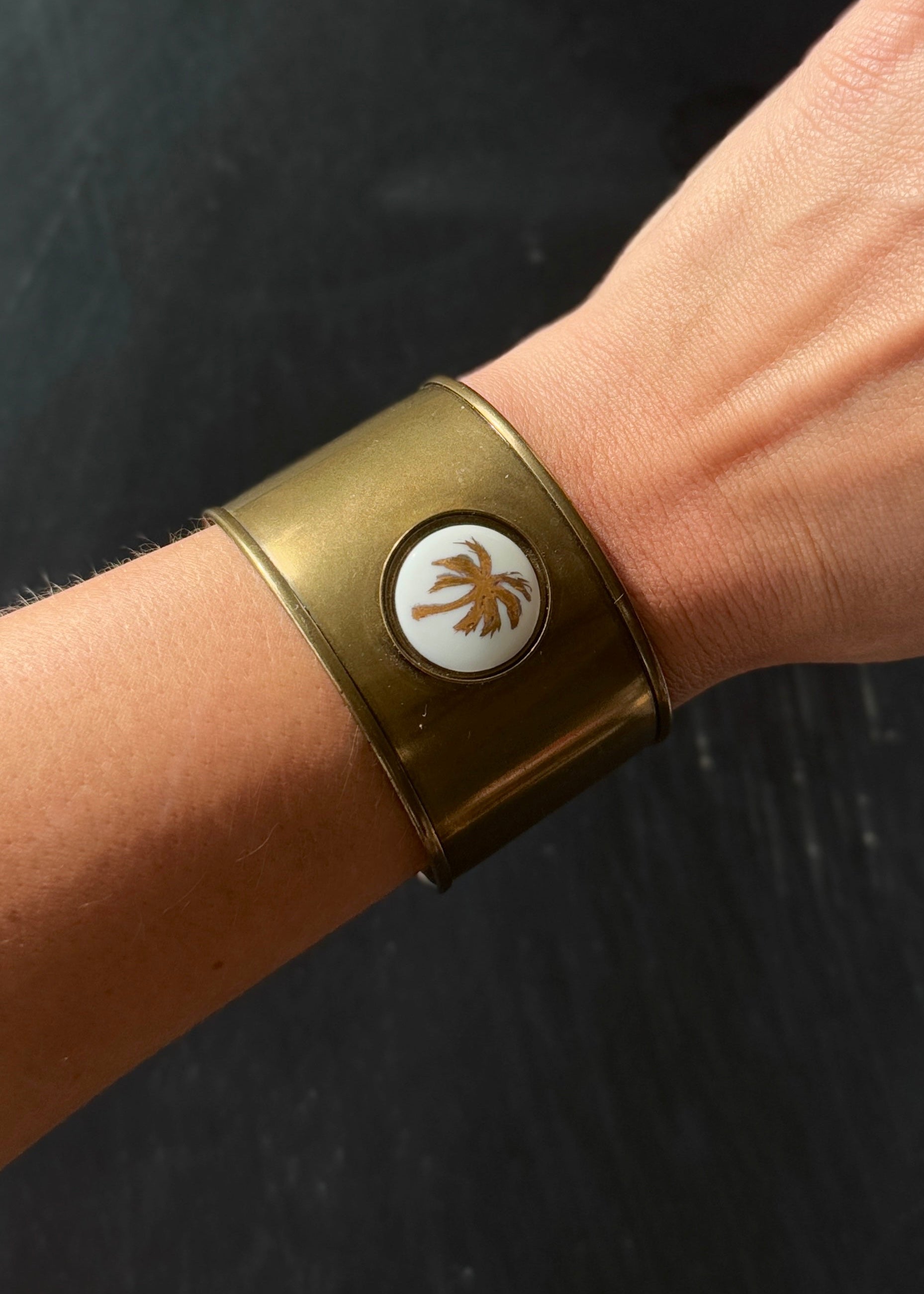 Palm Tree Porcelain Pendant Brass Cuff Bracelet
