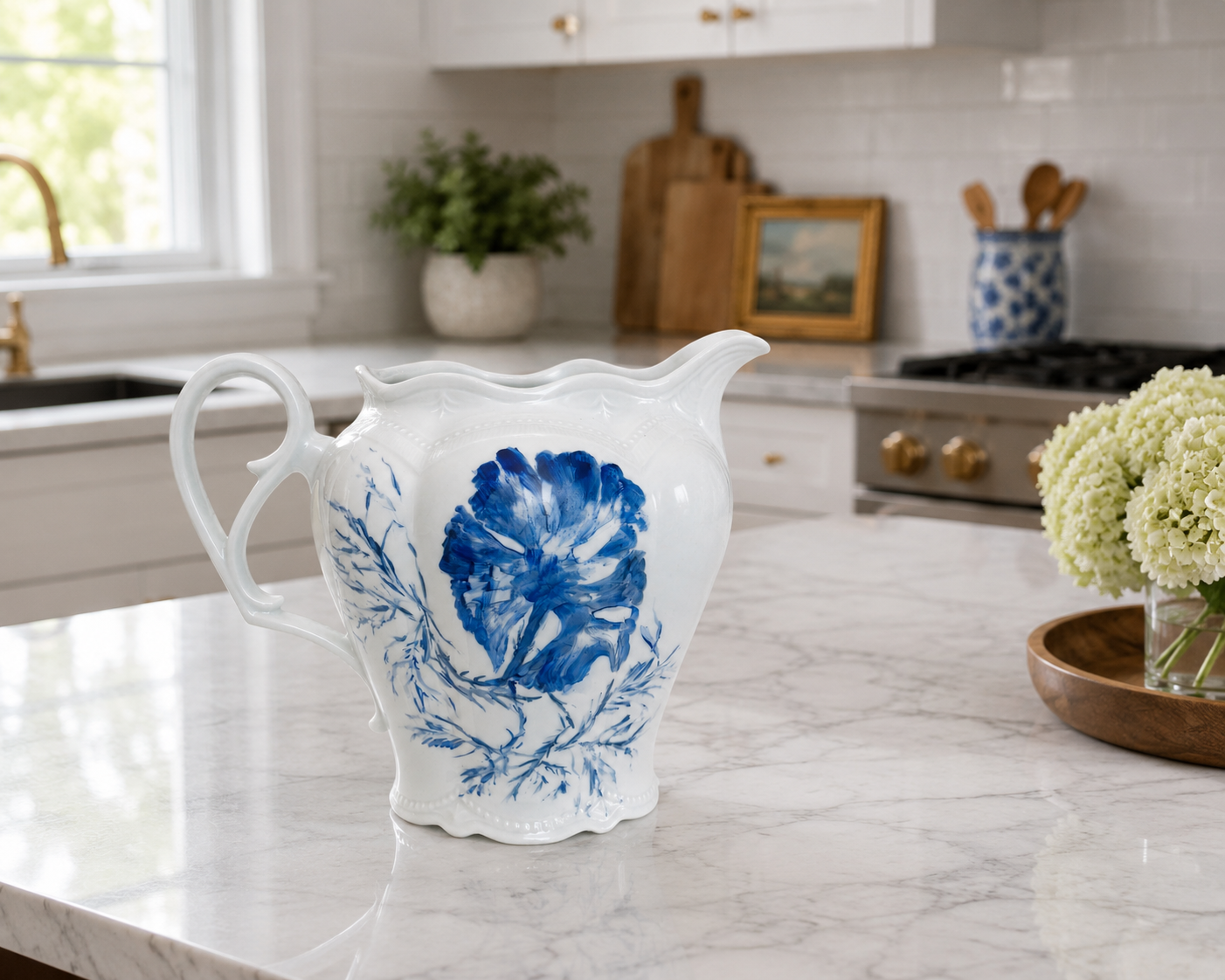 Hand-Painted Blue Botanical Porcelain Pitcher – Elegant Decorative Vase & Serving Pitcher