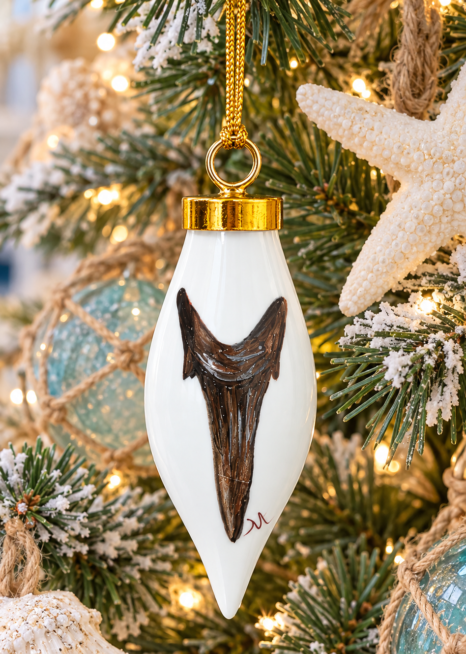 Hand-Painted Shark Tooth Porcelain Christmas Ornament