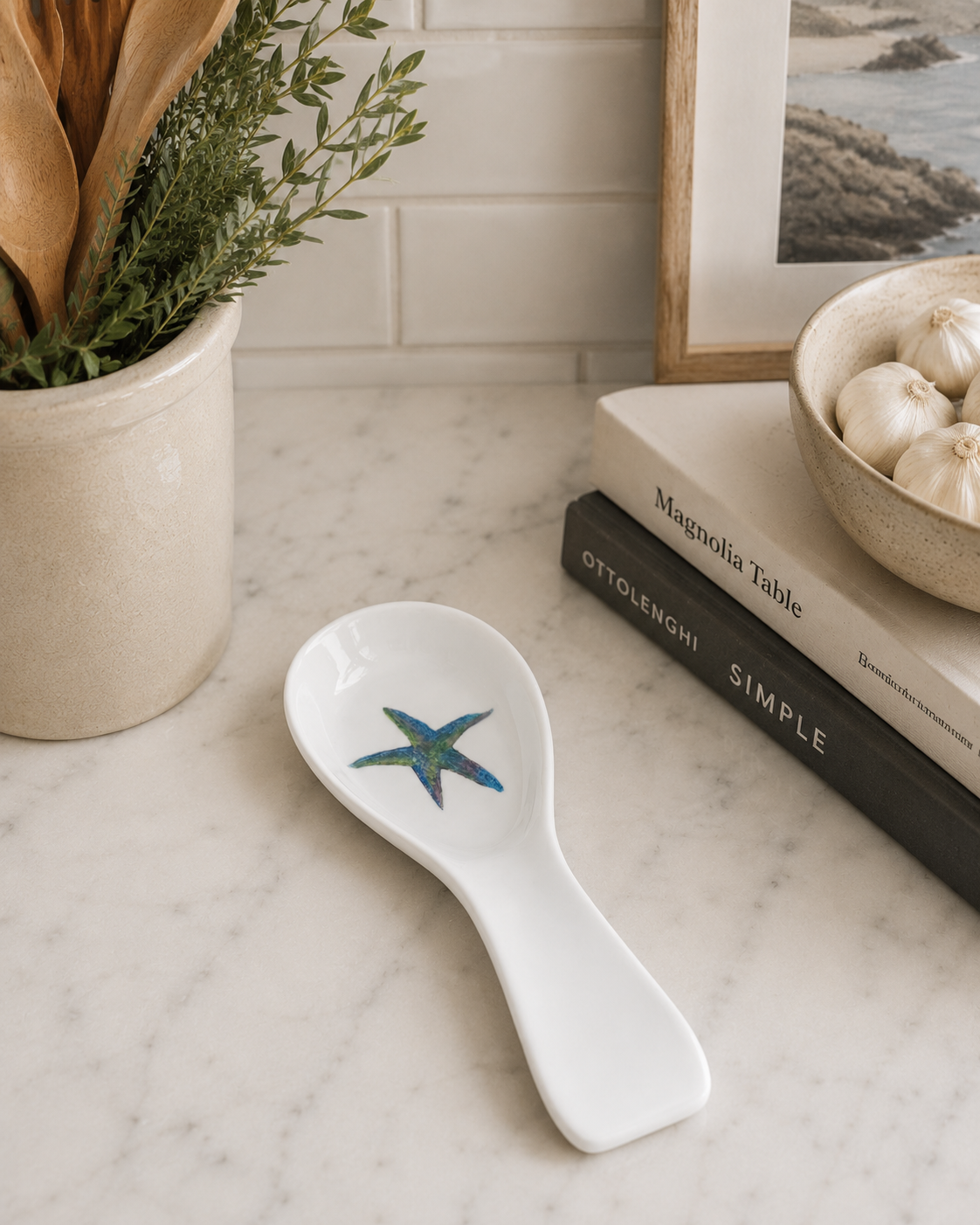 Hand-Painted Starfish Porcelain Spoon Rest – Coastal Kitchen Countertop Décor