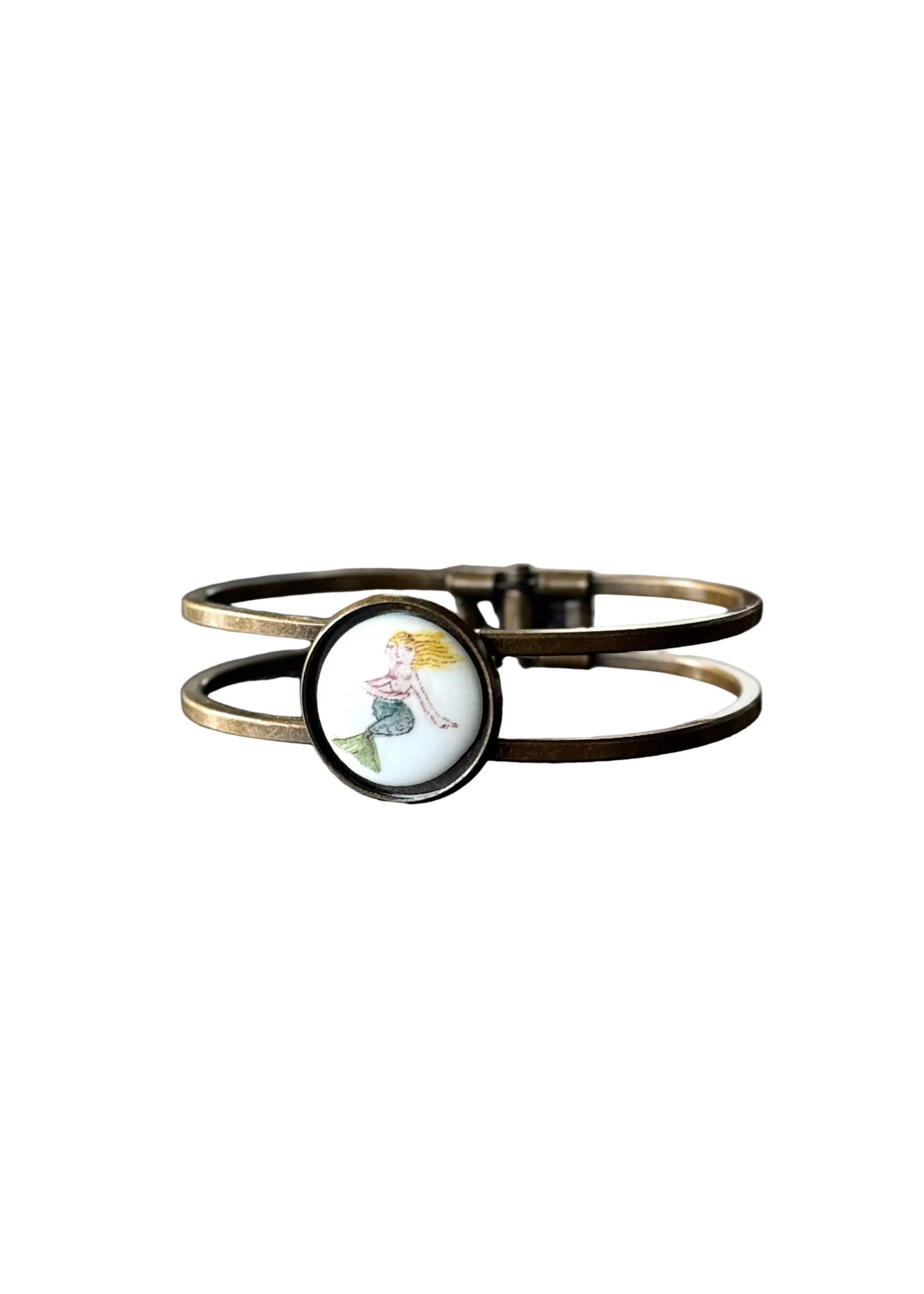 Mermaid Porcelain Pendant Bronze Cuff Bracelet