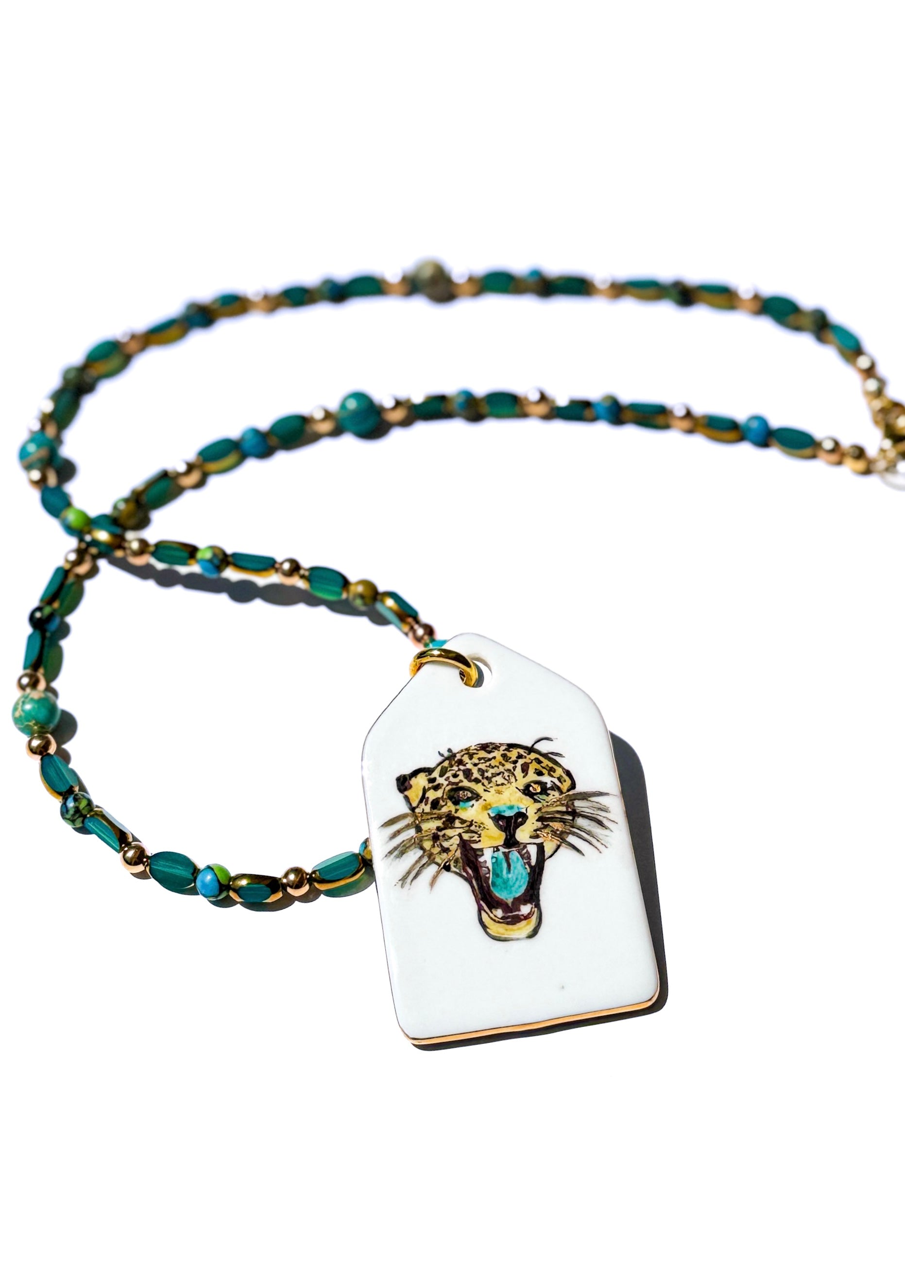 Teal Beaded Jaguar Head Necklace – Game Day Football Mascot Jewelry