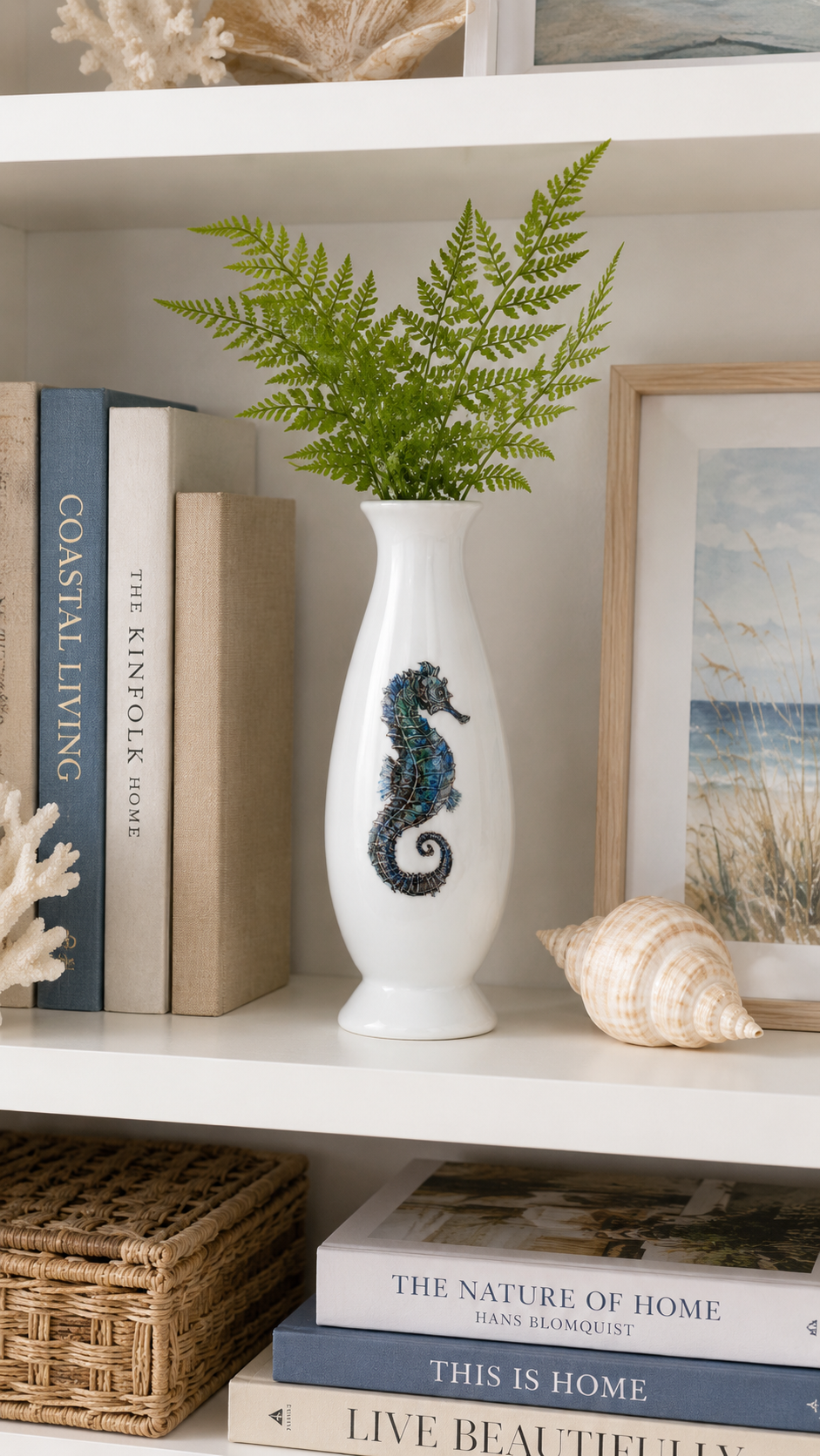 Hand-Painted Blue Seahorse Porcelain Bud Vase