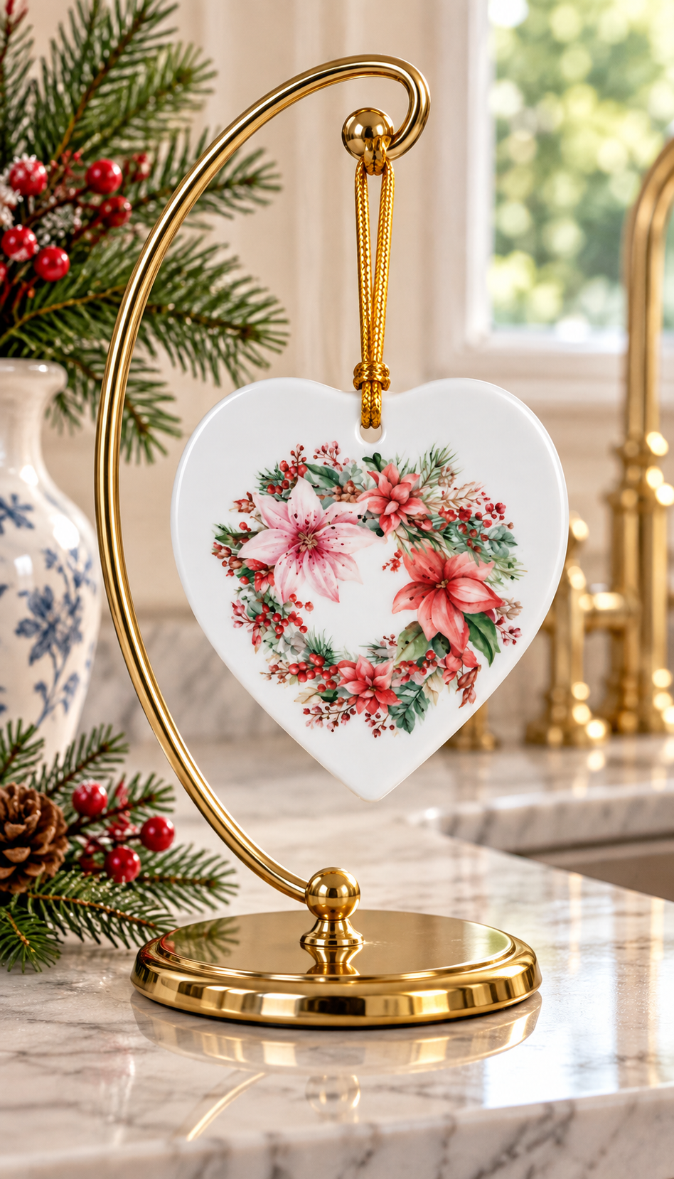 Hand-Painted Pink Poinsettia Wreath Heart Porcelain Ornament