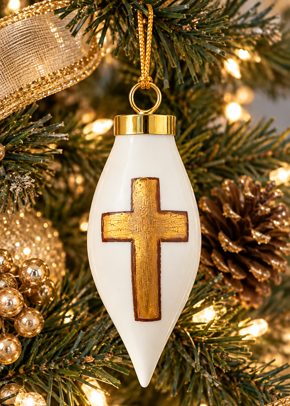 Hand-Painted Gold Cross Porcelain Christmas Ornament