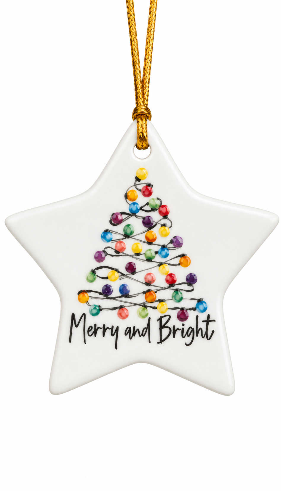 Hand-Painted Merry & Bright Christmas Lights Porcelain Star Ornament