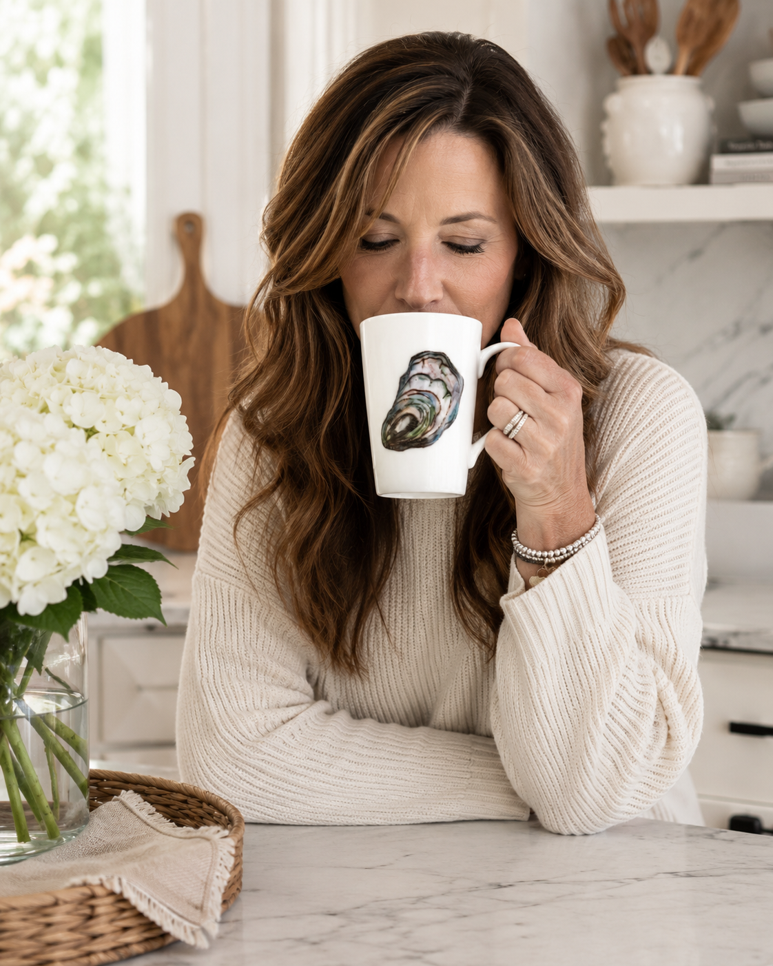 Hand-Painted Oyster Shell Porcelain Coffee Mug