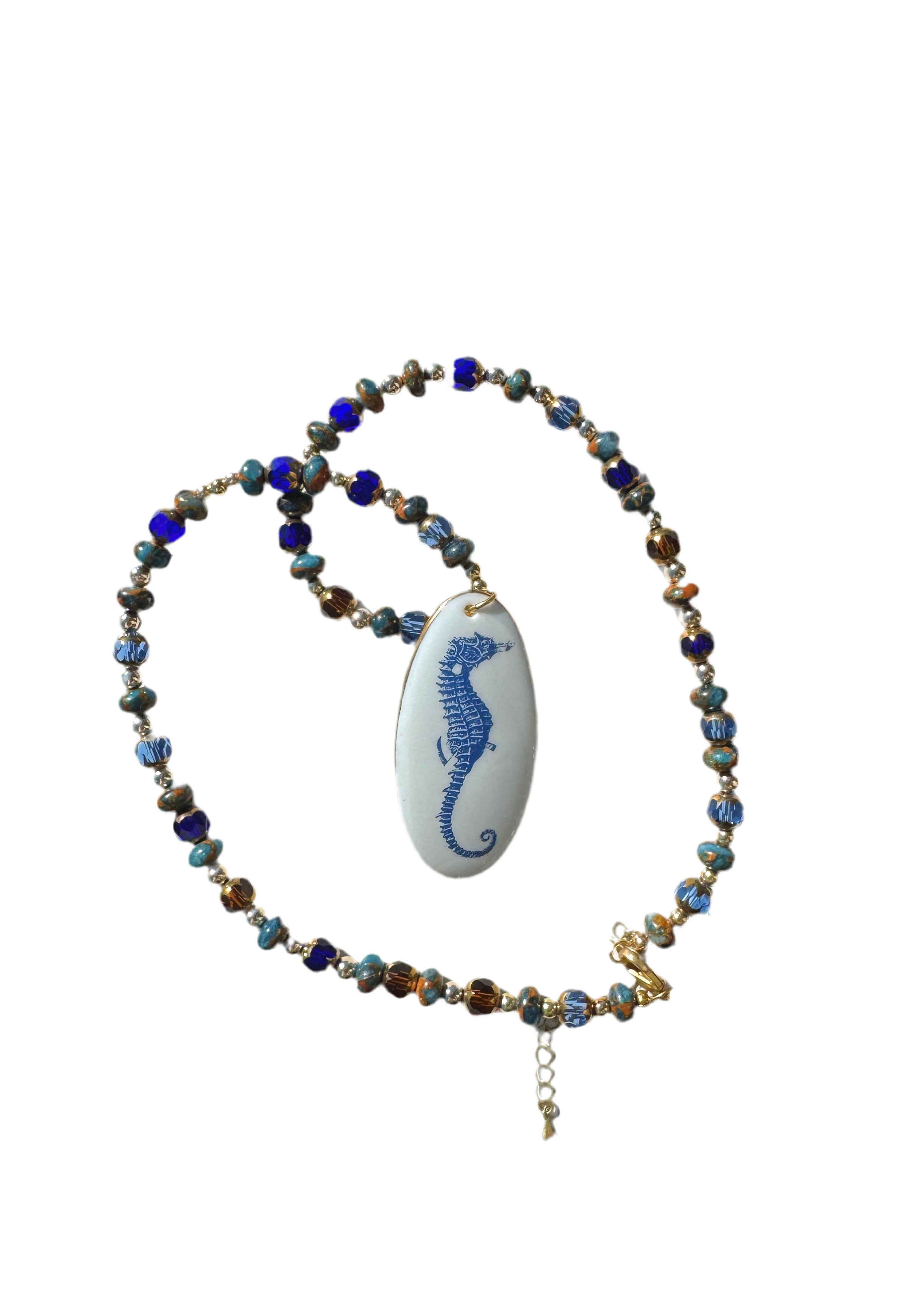 Seahorse Oval Porcelain Pendant Beaded Necklace Coastal Lover Jewelry