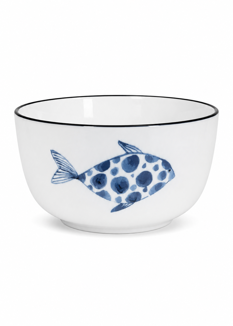 Coastal Hand Painted Blue Spotted Fish Porcelain Bowl