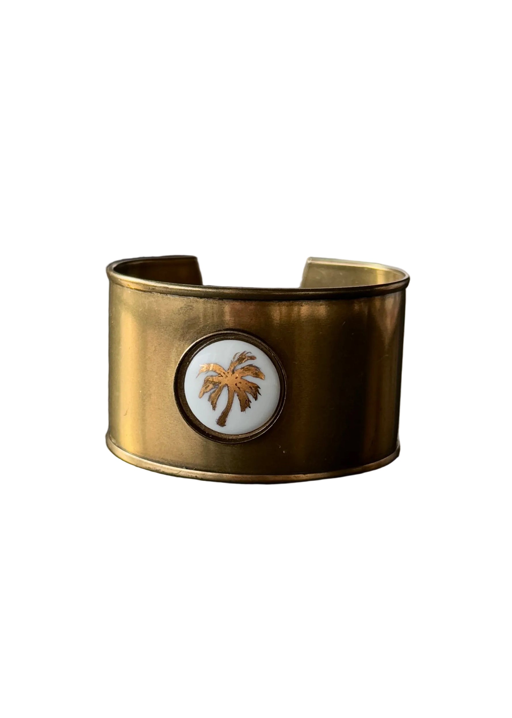 Palm Tree Porcelain Pendant Brass Cuff Bracelet